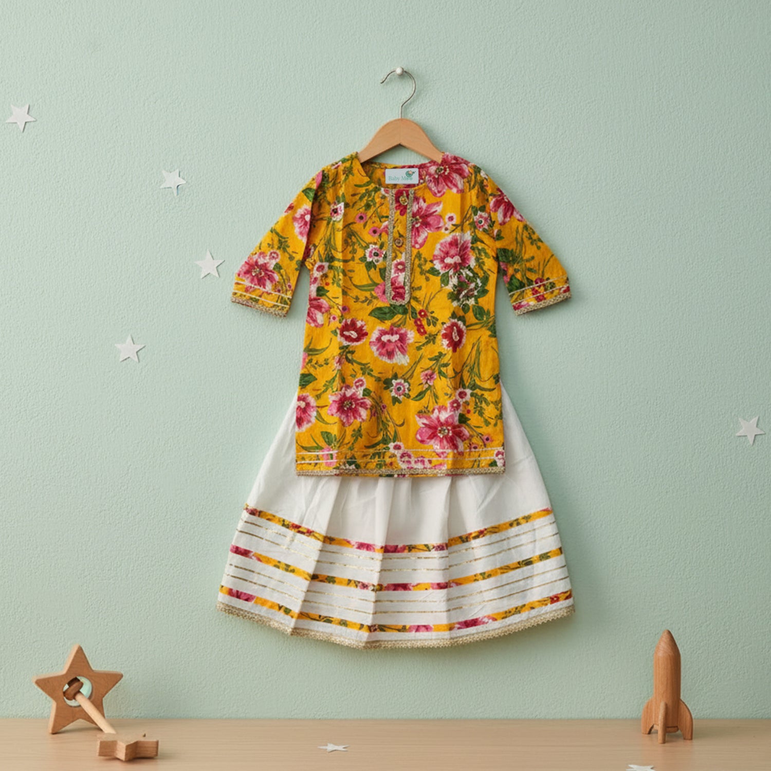 Baby Moo Floral Print Two Piece Lehenga Blouse Set - Yellow