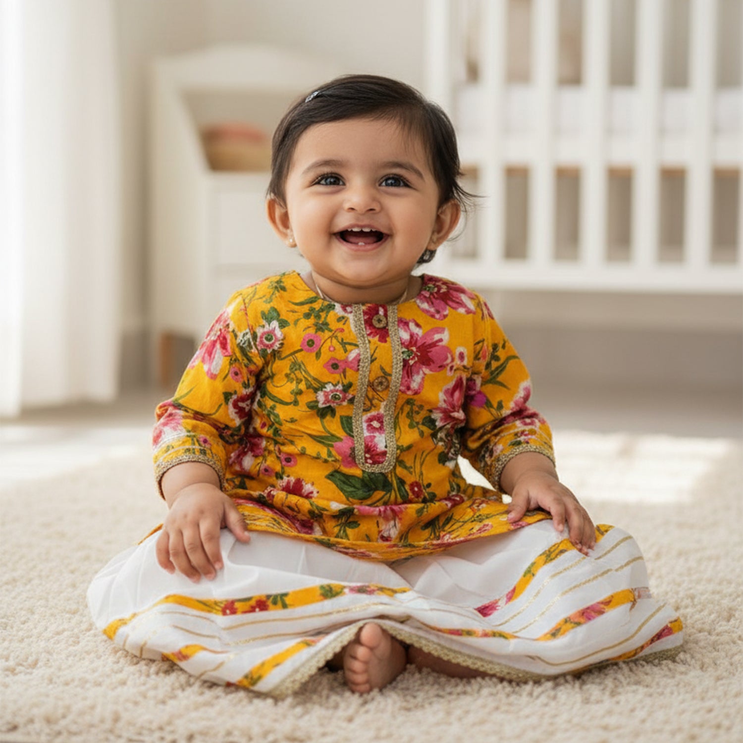 Baby Moo Floral Print Two Piece Lehenga Blouse Set - Yellow