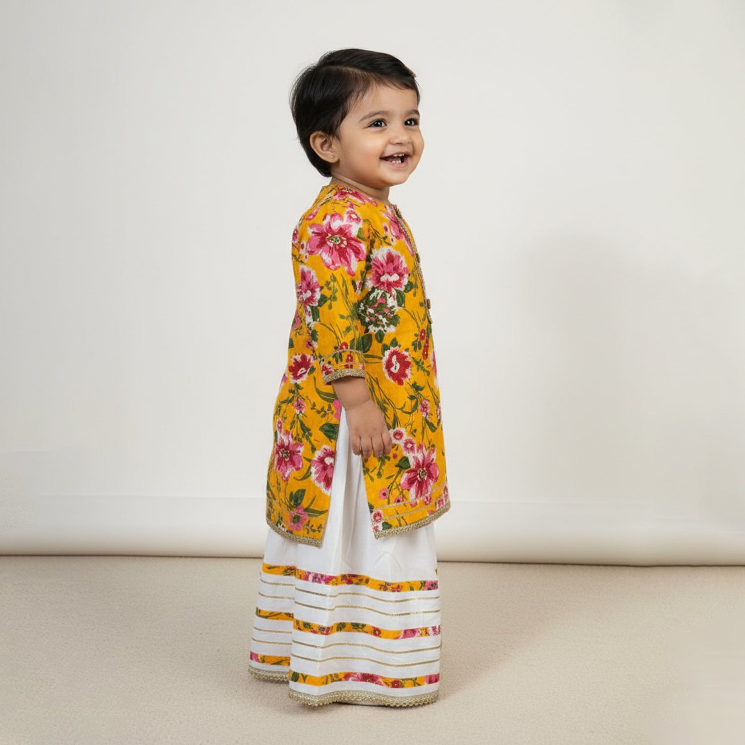 Baby Moo Floral Print Two Piece Lehenga Blouse Set - Yellow