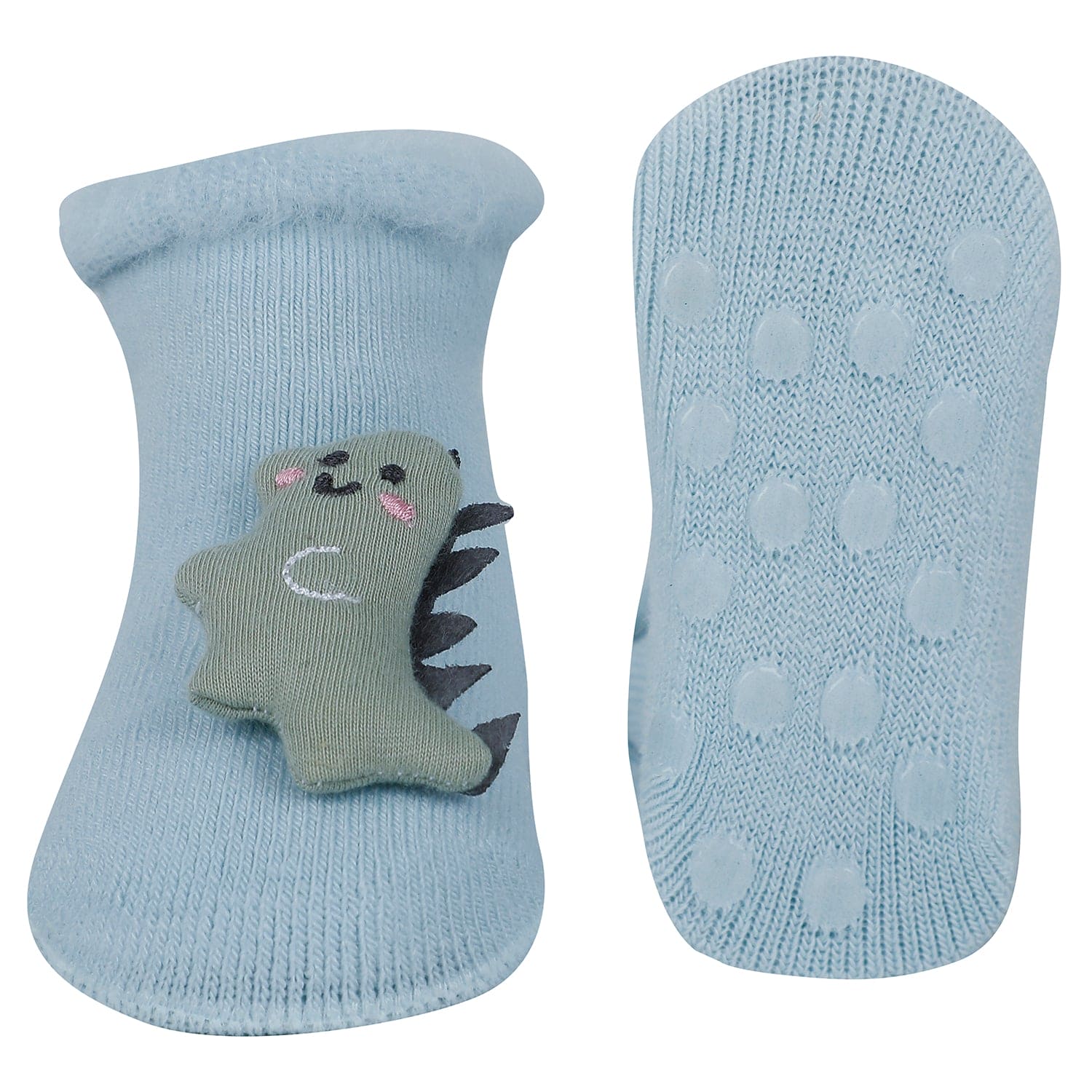 Baby Moo 3D Dino Jeep Anti-Skid Socks Pack of 2 - Blue, Beige