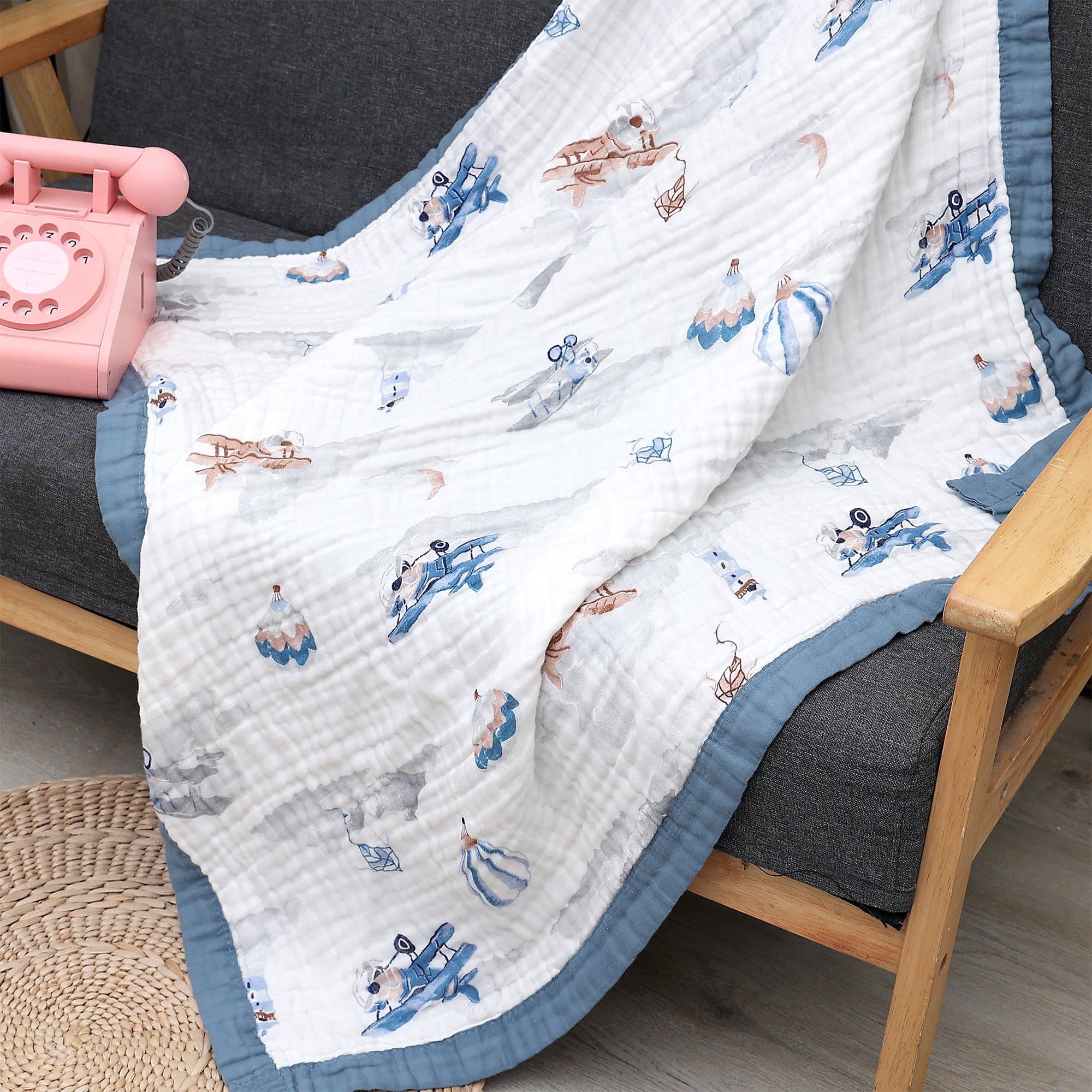 Baby Moo Up In The Sky 100% Muslin Cotton Layer Breathable Blanket Blue