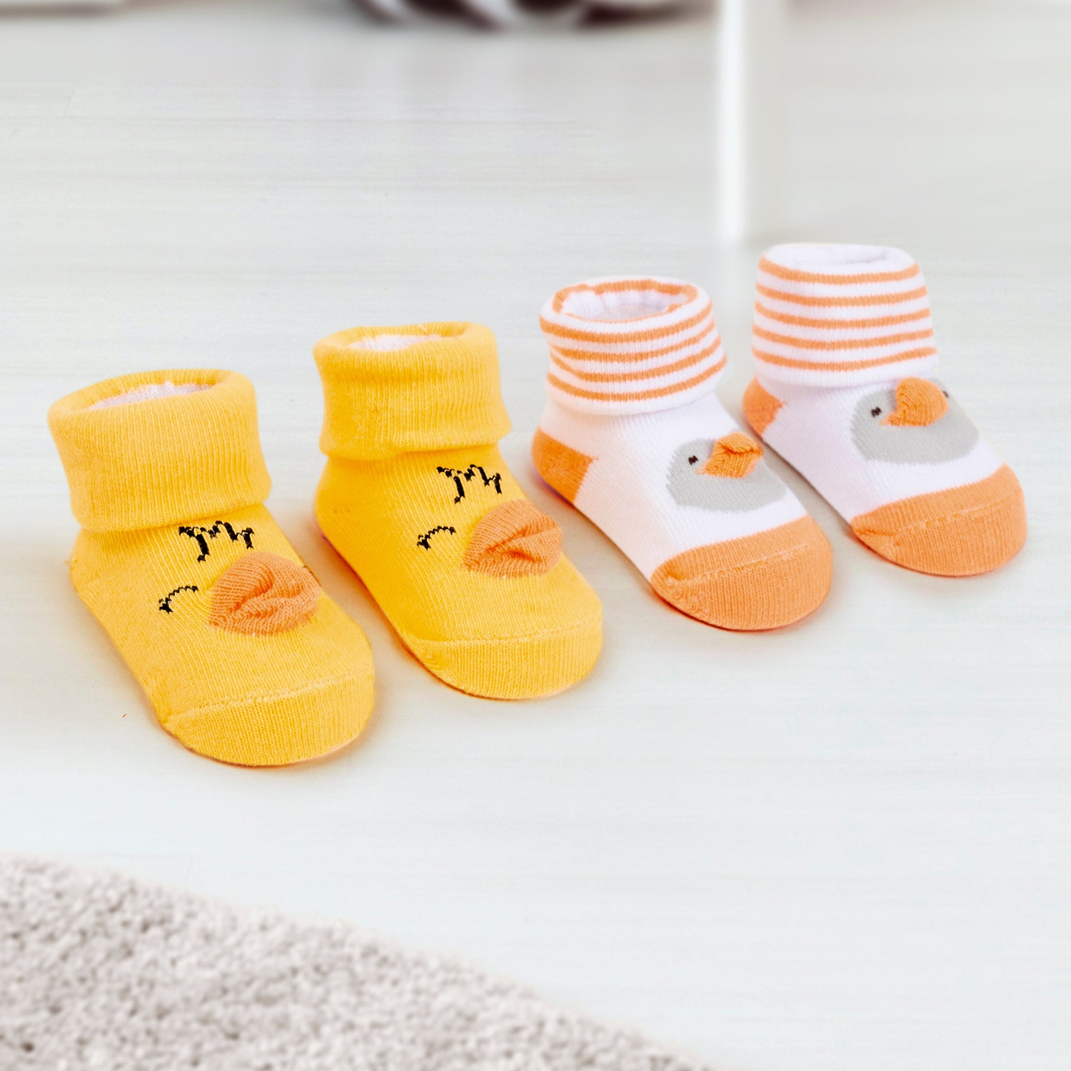 Baby Moo 3D Penguin Chick Cotton Ankle Length Infant Dress Up Walking Set of 2 Socks Booties - Yellow