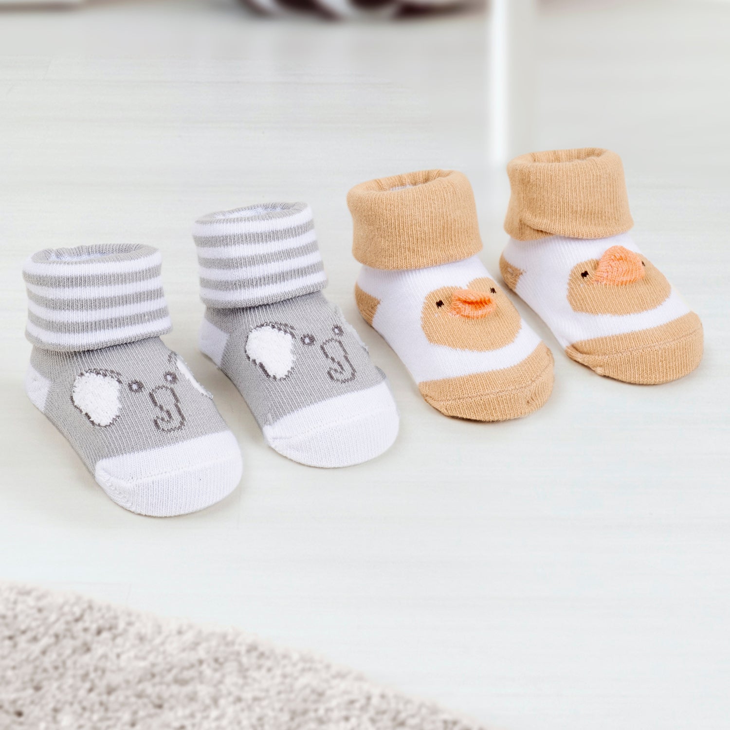 Baby Moo 3D Elephant Chick Cotton Ankle Length Infant Dress Up Walking Set of 2 Socks Booties - Beige