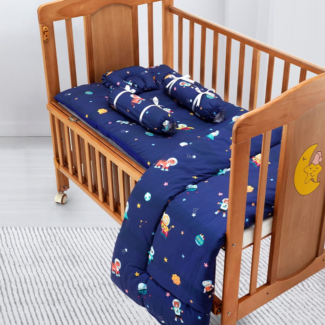 Baby Moo Space Bedding Gift Set 2 Bolsters, U Pillow, Mattress And Quilt Set - Blue - Baby Moo