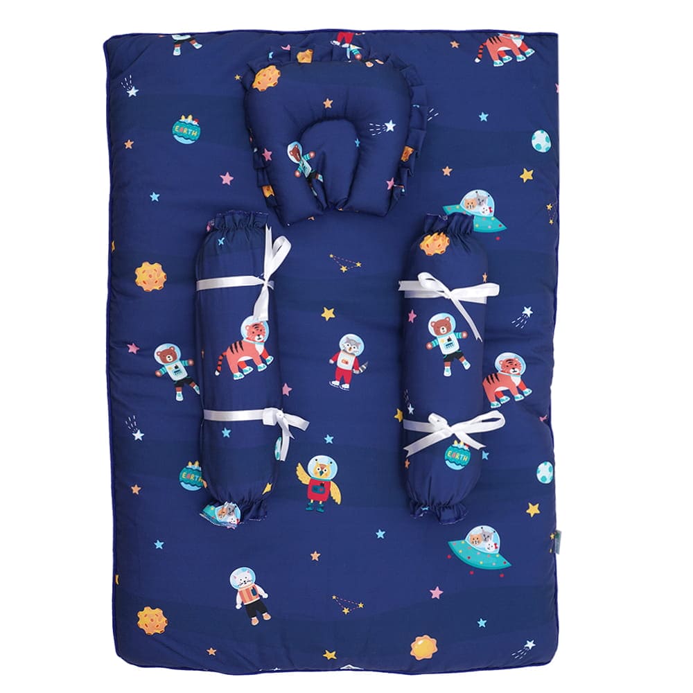 Baby Moo Space Bedding Gift Set 2 Bolsters, U Pillow, Mattress And Quilt Set - Blue - Baby Moo