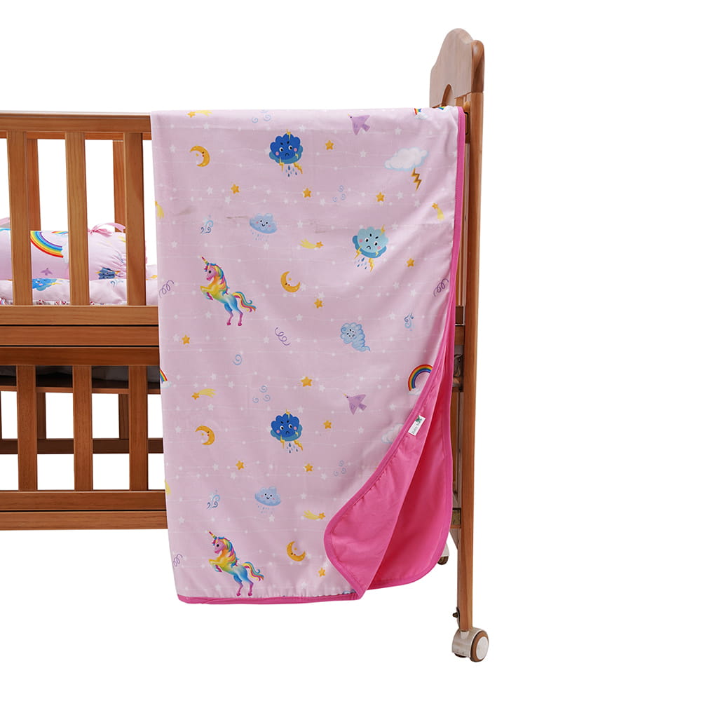 Baby Moo Unicorn Soft Velvet U Pillow, Side Bolsters 5 Pcs Mattress And Blanket Set - Pink - Baby Moo