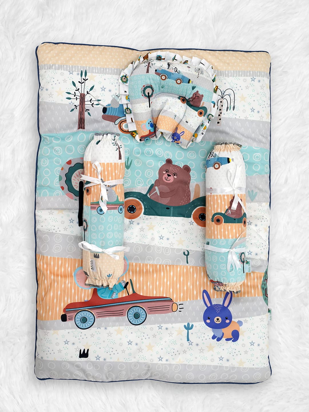 Baby Moo Animal Safari Soft Velvet U Pillow, 2 Side Bolsters Mattress Set - Yellow - Baby Moo