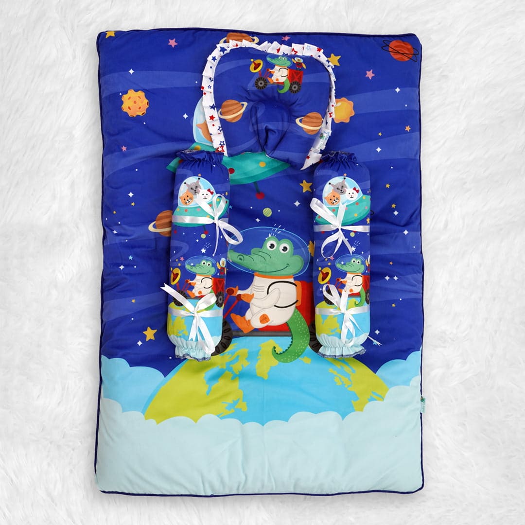 Baby Moo Space Soft Velvet U Pillow, 2 Side Bolsters Mattress Set - Blue - Baby Moo