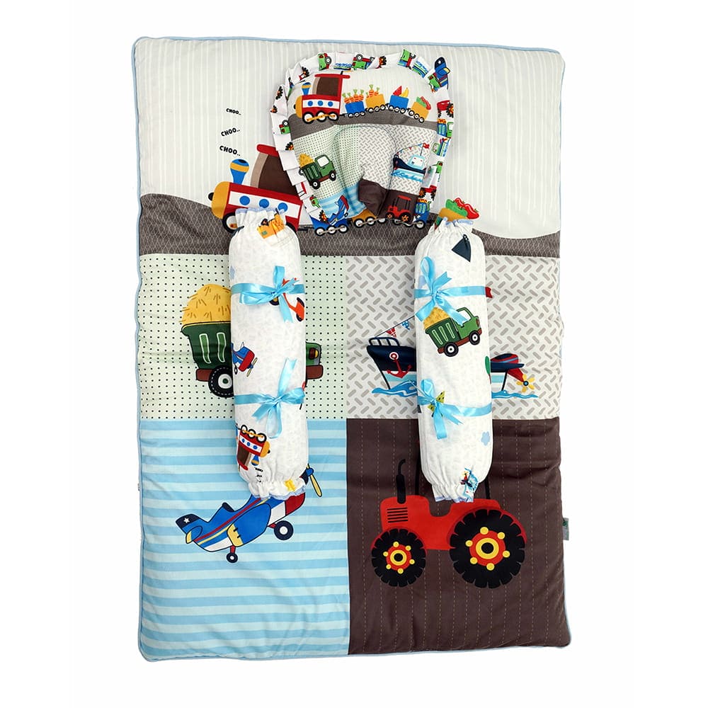 Baby Moo Truck And Car Soft Velvet U Pillow, 2 Side Bolsters Mattress Set - Multicolour - Baby Moo