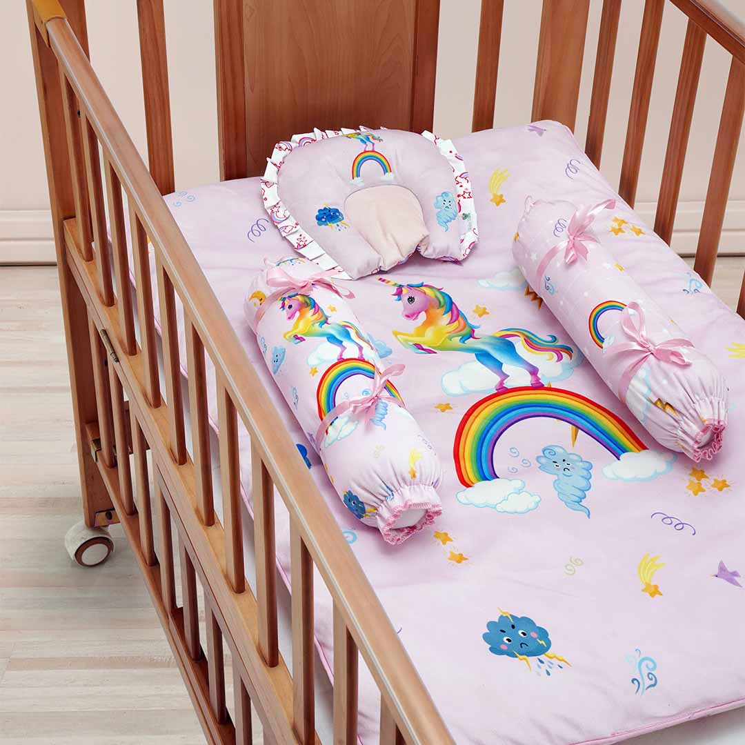 Baby Moo Unicorn Soft Velvet U Pillow, 2 Side Bolsters Mattress Set - Pink - Baby Moo