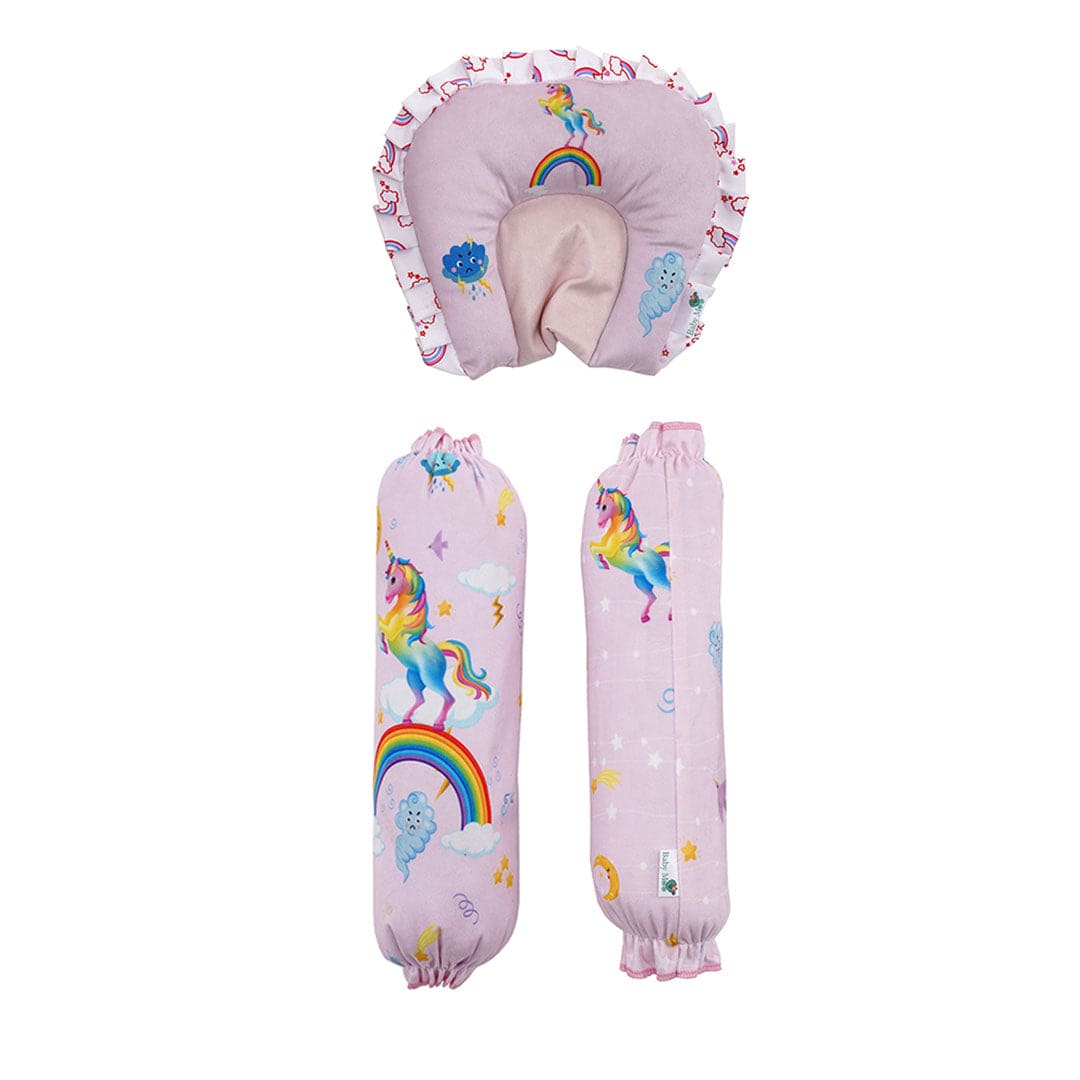 Baby Moo Unicorn Soft Velvet U Pillow, 2 Side Bolsters Mattress Set - Pink - Baby Moo