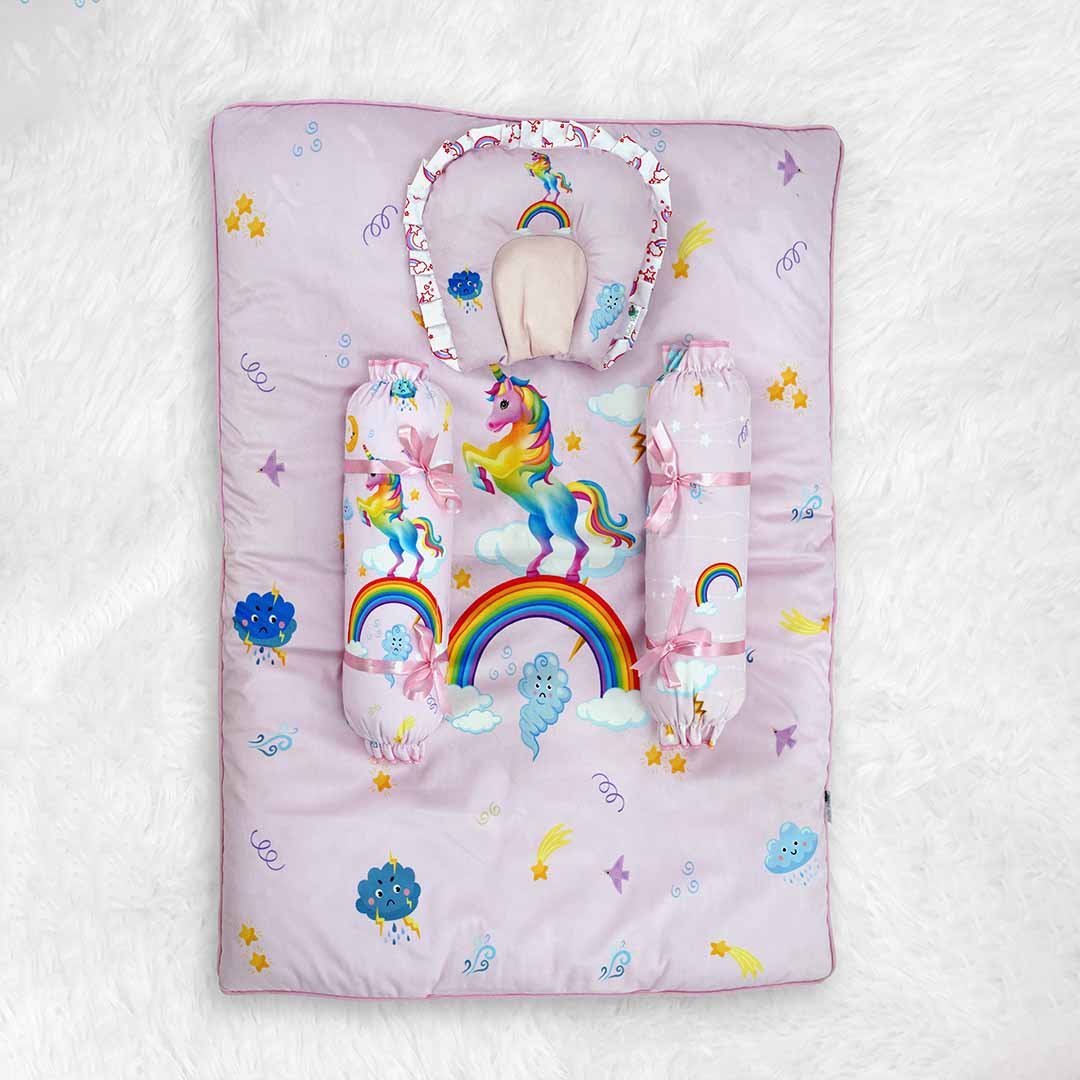 Baby Moo Unicorn Soft Velvet U Pillow, 2 Side Bolsters Mattress Set - Pink - Baby Moo