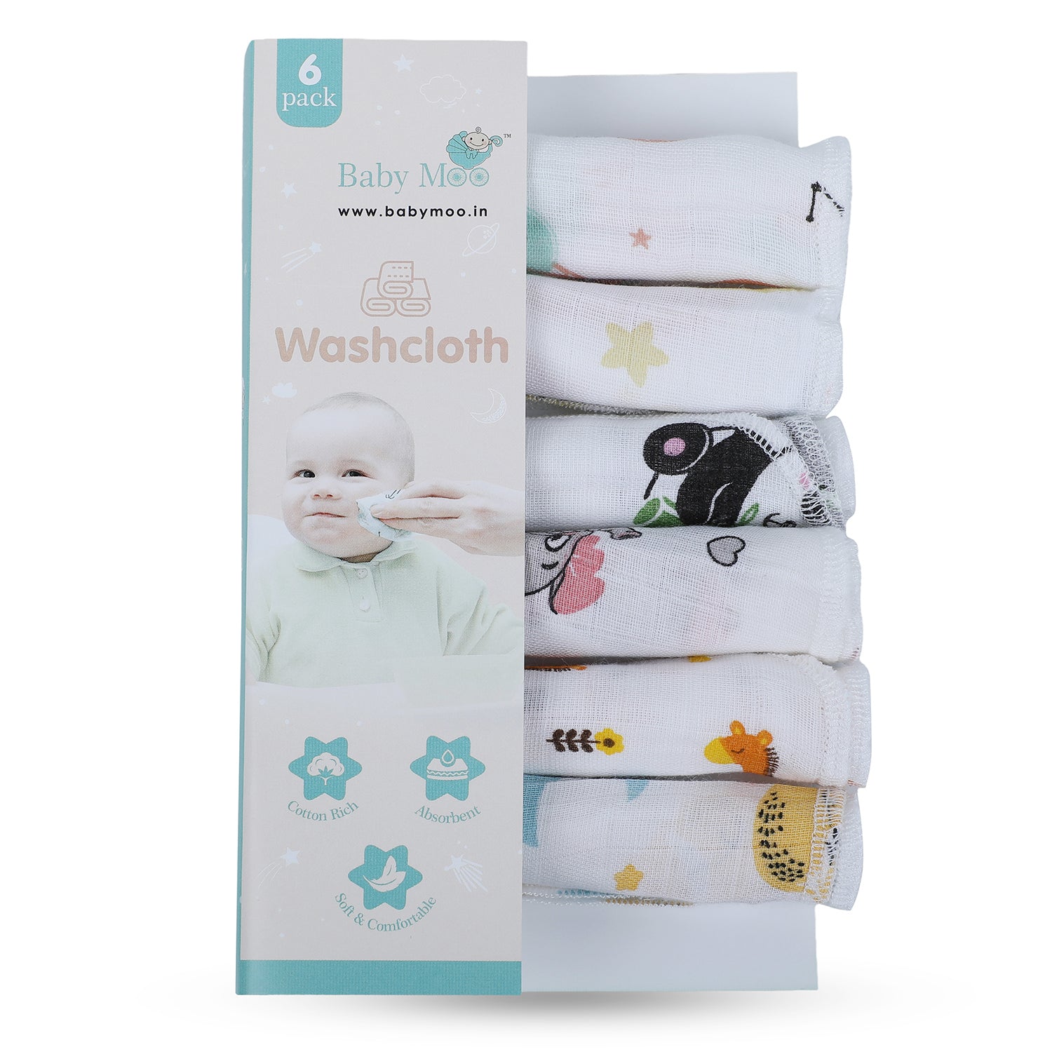 Baby Moo Highly Absorbent Cotton 6 Pcs Wash Cloth - Multicolour - Baby Moo