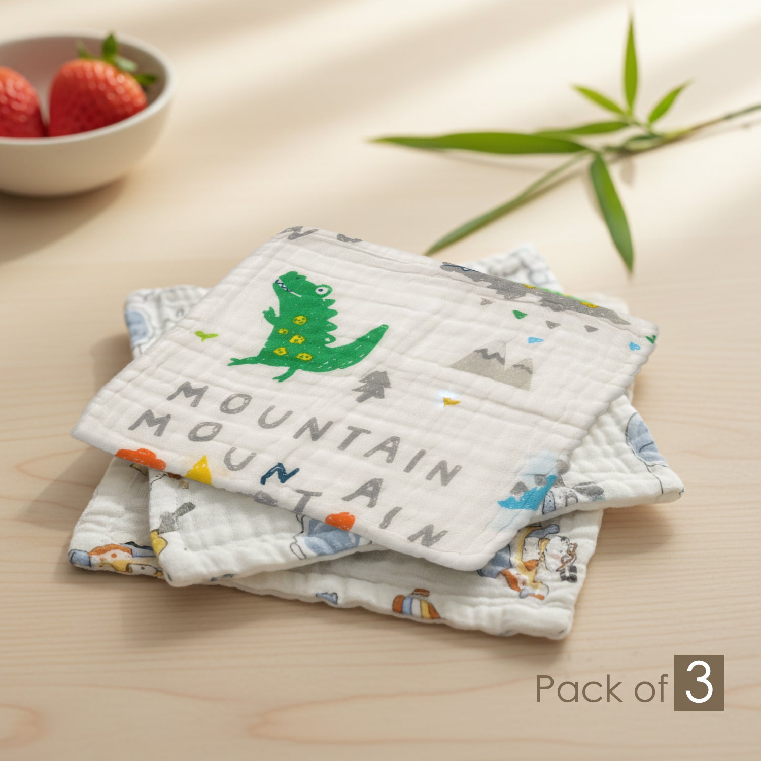 Baby Moo Little Adventures Printed Pack of 3 Soft Hankies Multipurpose Wash Cloth Muslin Napkin - White