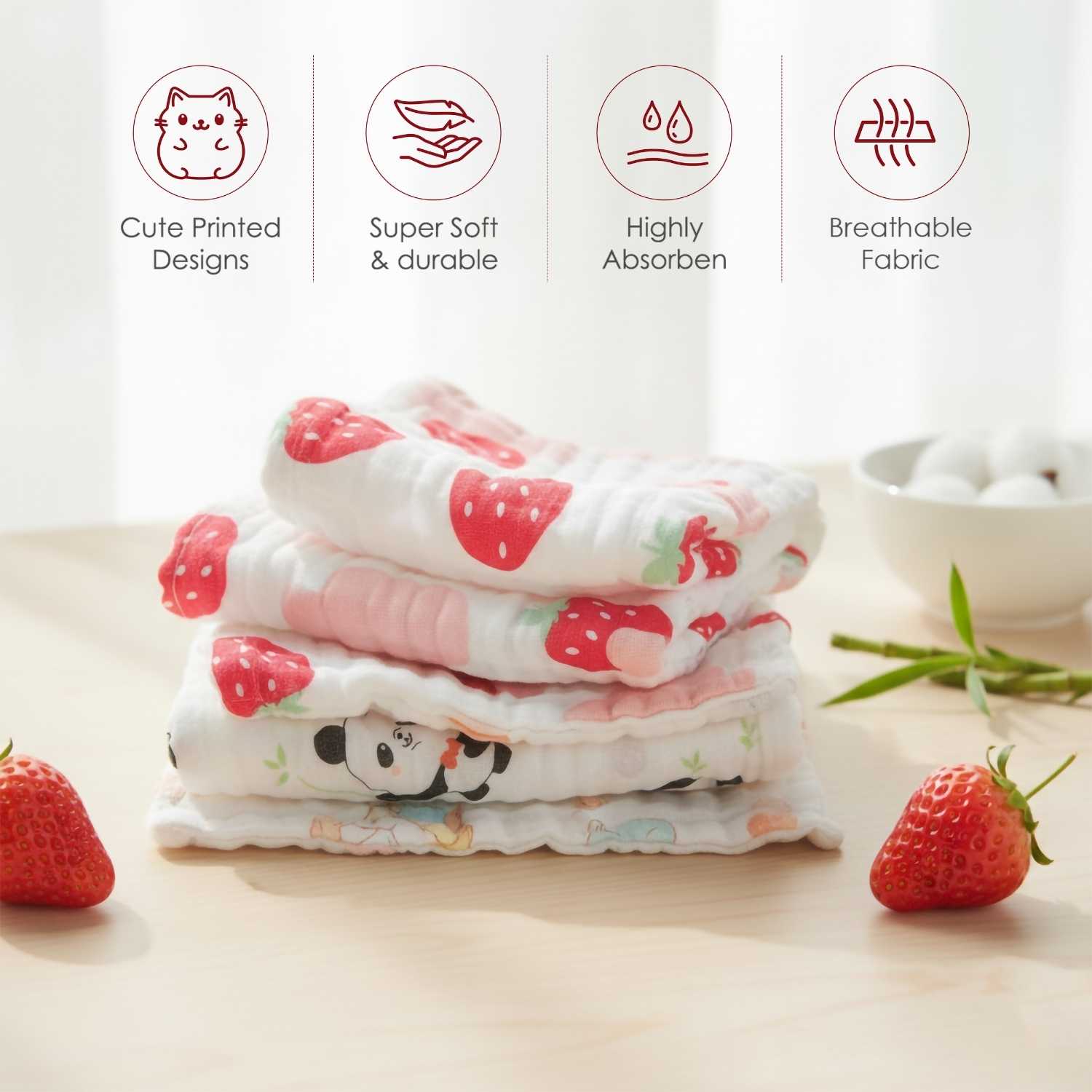 Baby Moo Fruity Fauna Printed Pack of 3 Soft Hankies Multipurpose Wash Cloth Muslin Napkin - White