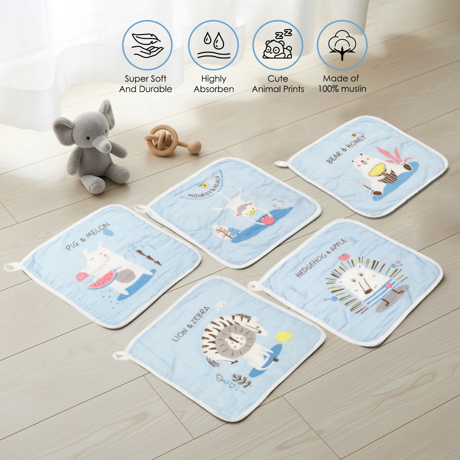 Baby Moo Animal Appetites Pack of 5 Soft Hankies Multipurpose Wash Cloth Muslin Napkin - Blue