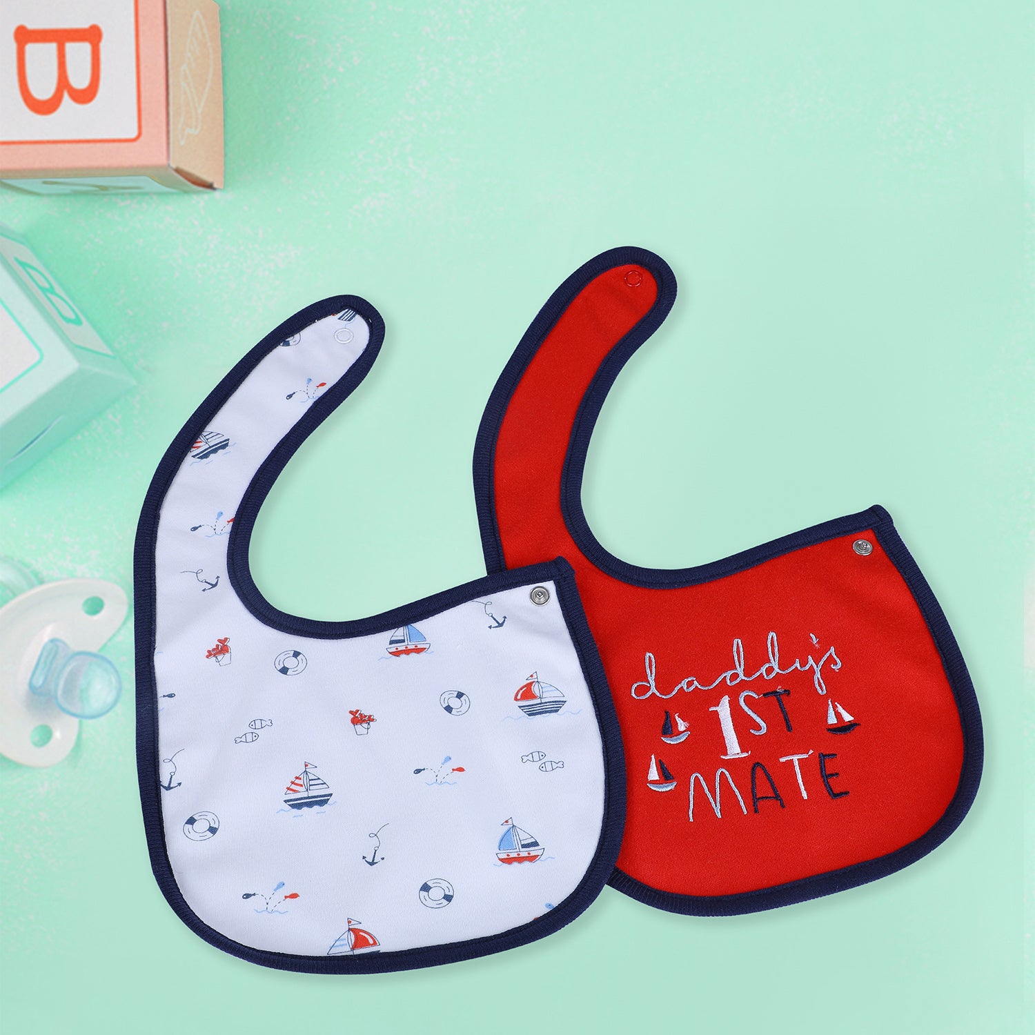 Baby Moo Daddy's Sailor Cotton 2 Pack Buttoned Feeding Bibs - Red - Baby Moo