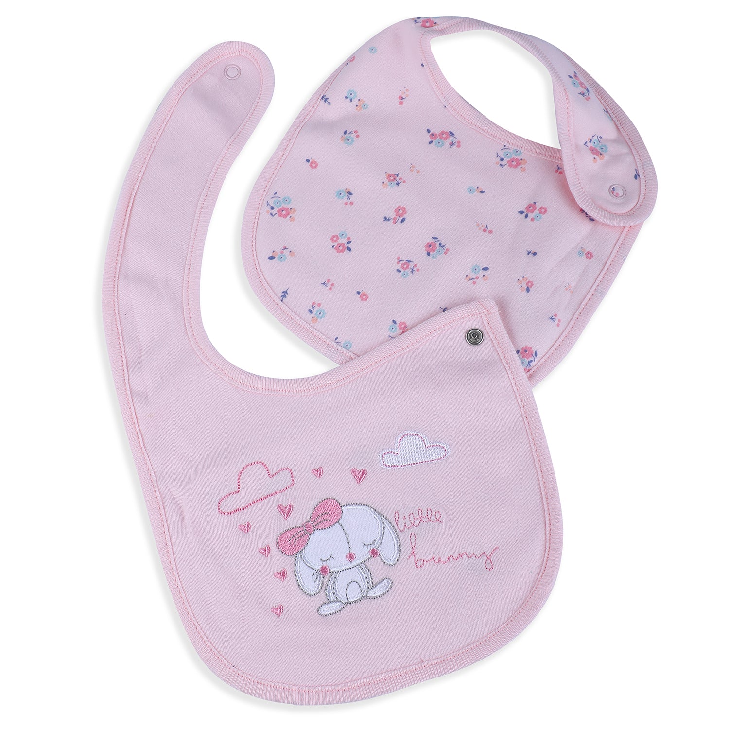 Baby Moo Little Bunny Cotton 2 Pack Buttoned Feeding Bibs - Pink - Baby Moo