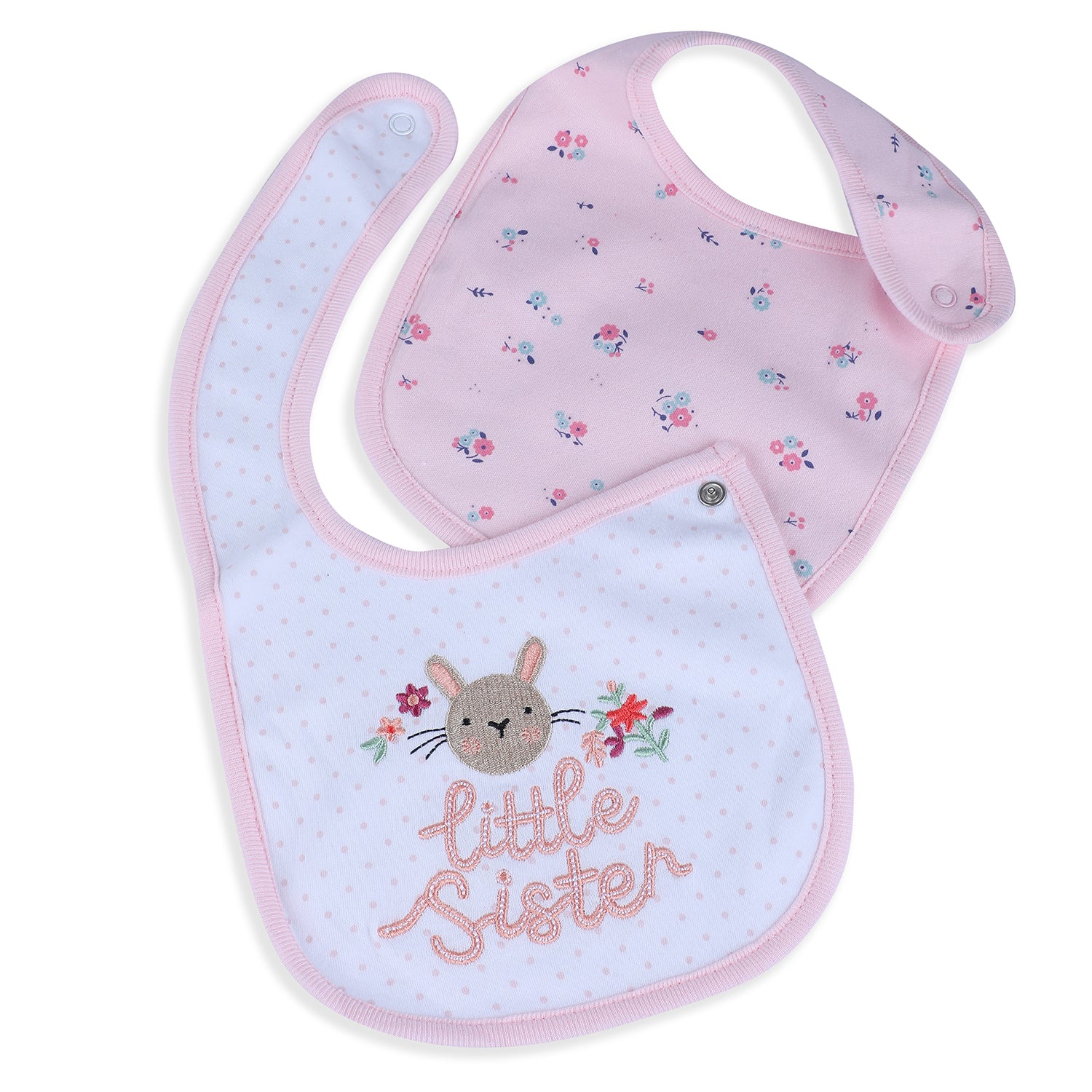 Baby Moo Little Sister Cotton 2 Pack Buttoned Feeding Bibs - Pink - Baby Moo