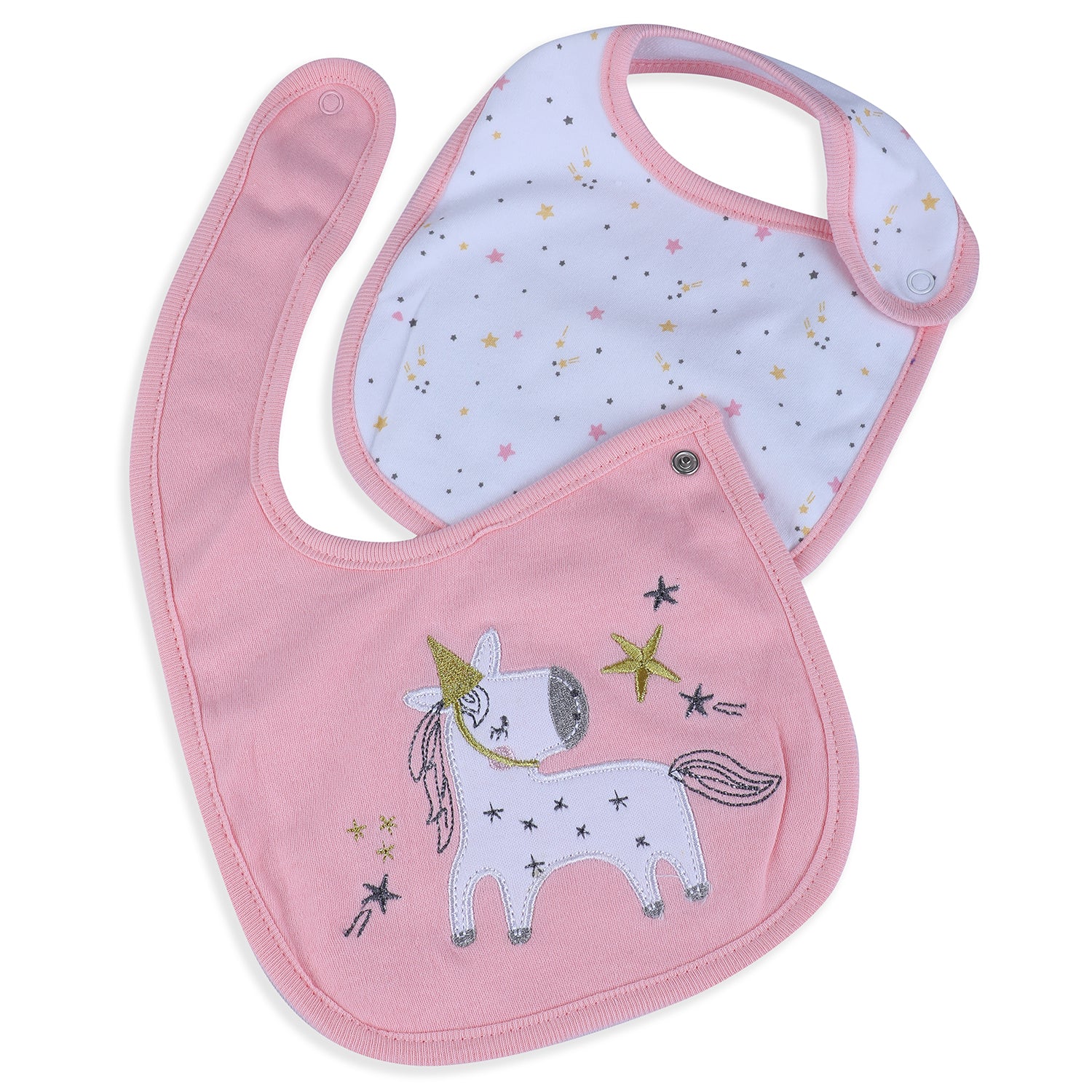 Baby Moo Unicorn Star Cotton 2 Pack Buttoned Feeding Bibs - Pink - Baby Moo