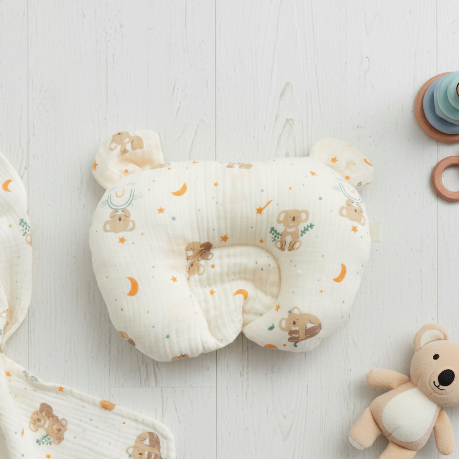 Baby Moo 3D Ear Design Koala Print Muslin Head Shaping Neck Support Pillow - Cream