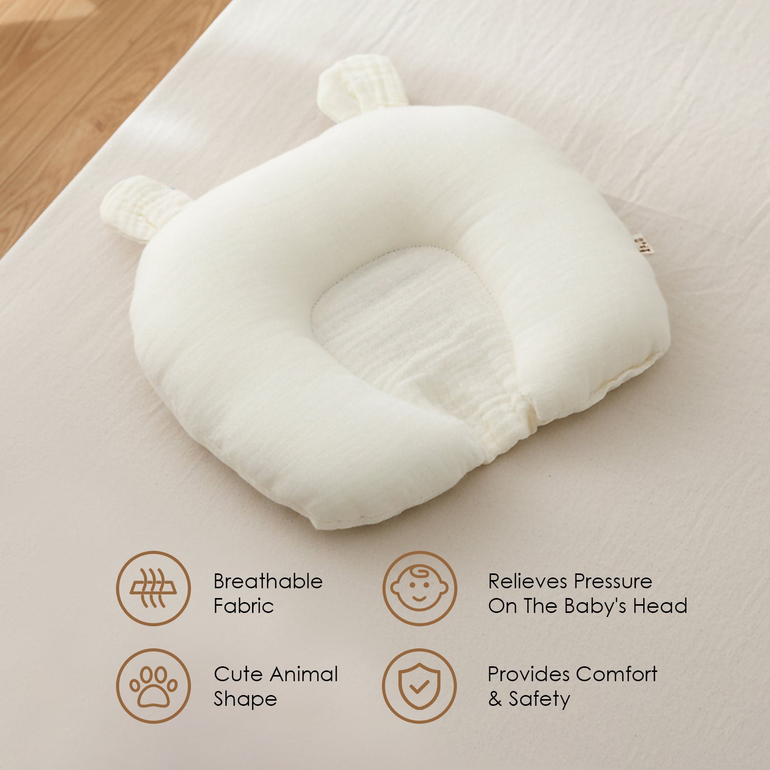 Baby Moo 3D Ear Design Koala Print Muslin Head Shaping Neck Support Pillow - Cream