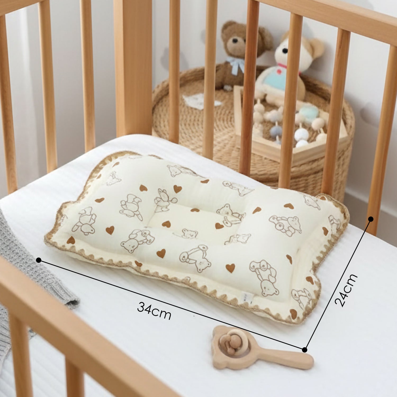 Baby Moo Rectangular Teddy Print Breathable Muslin Head Shaping Neck Support Pillow - Cream