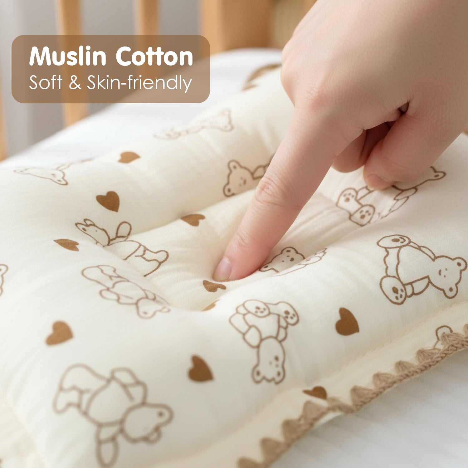 Baby Moo Rectangular Teddy Print Breathable Muslin Head Shaping Neck Support Pillow - Cream