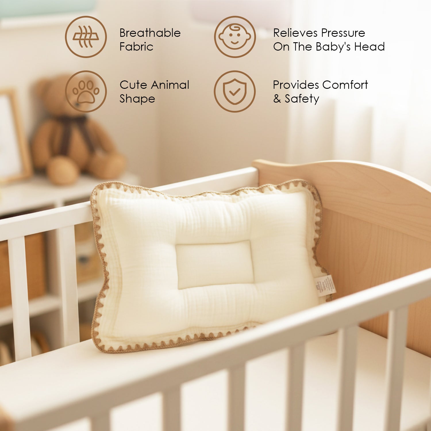 Baby Moo Rectangular Teddy Print Breathable Muslin Head Shaping Neck Support Pillow - Cream