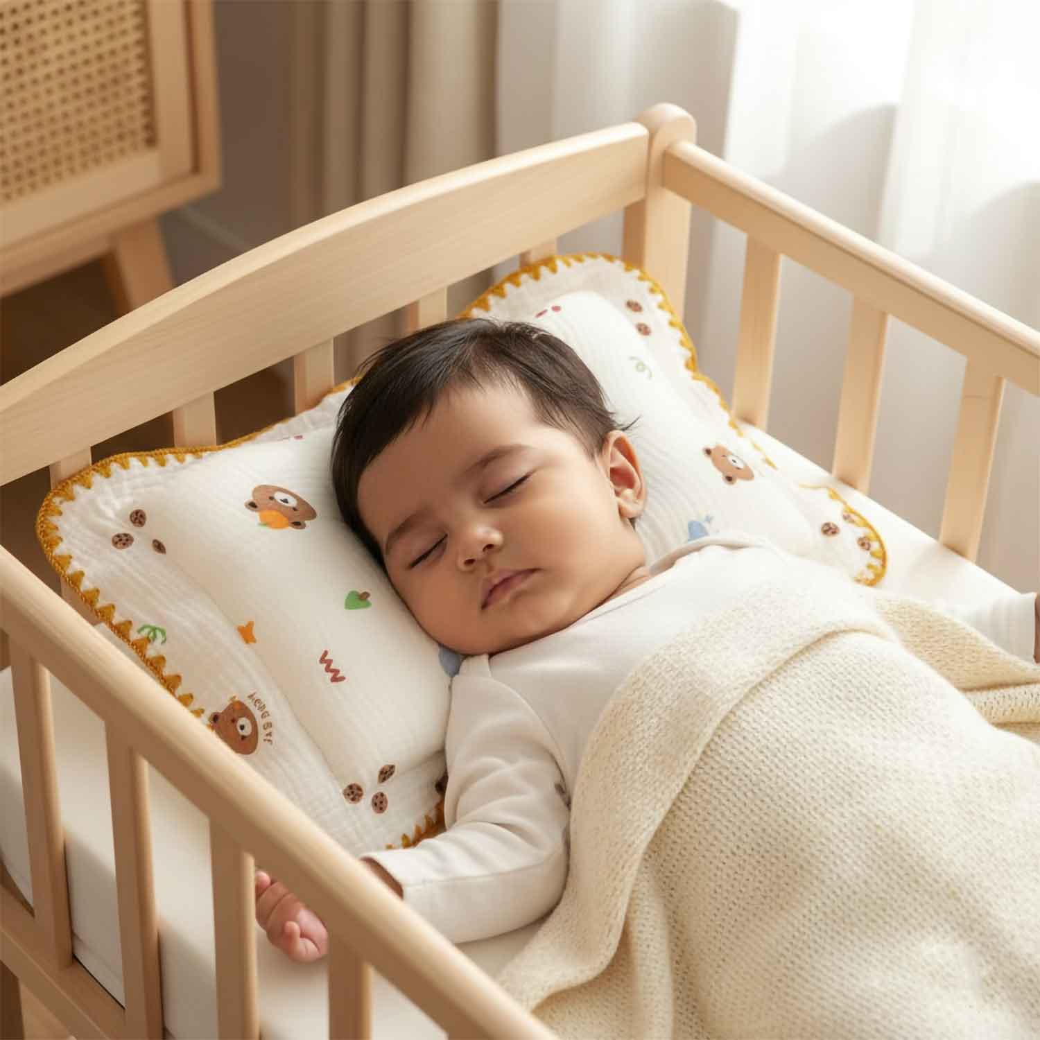 Baby Moo Rectangular Bear Print Breathable Muslin Head Shaping Neck Support Pillow - White