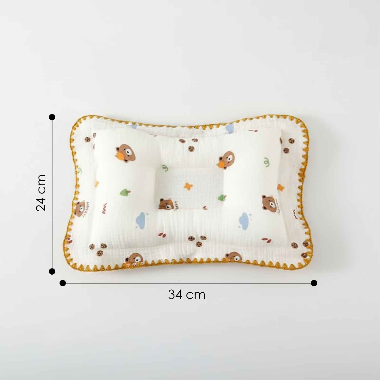 Baby Moo Rectangular Bear Print Breathable Muslin Head Shaping Neck Support Pillow - White