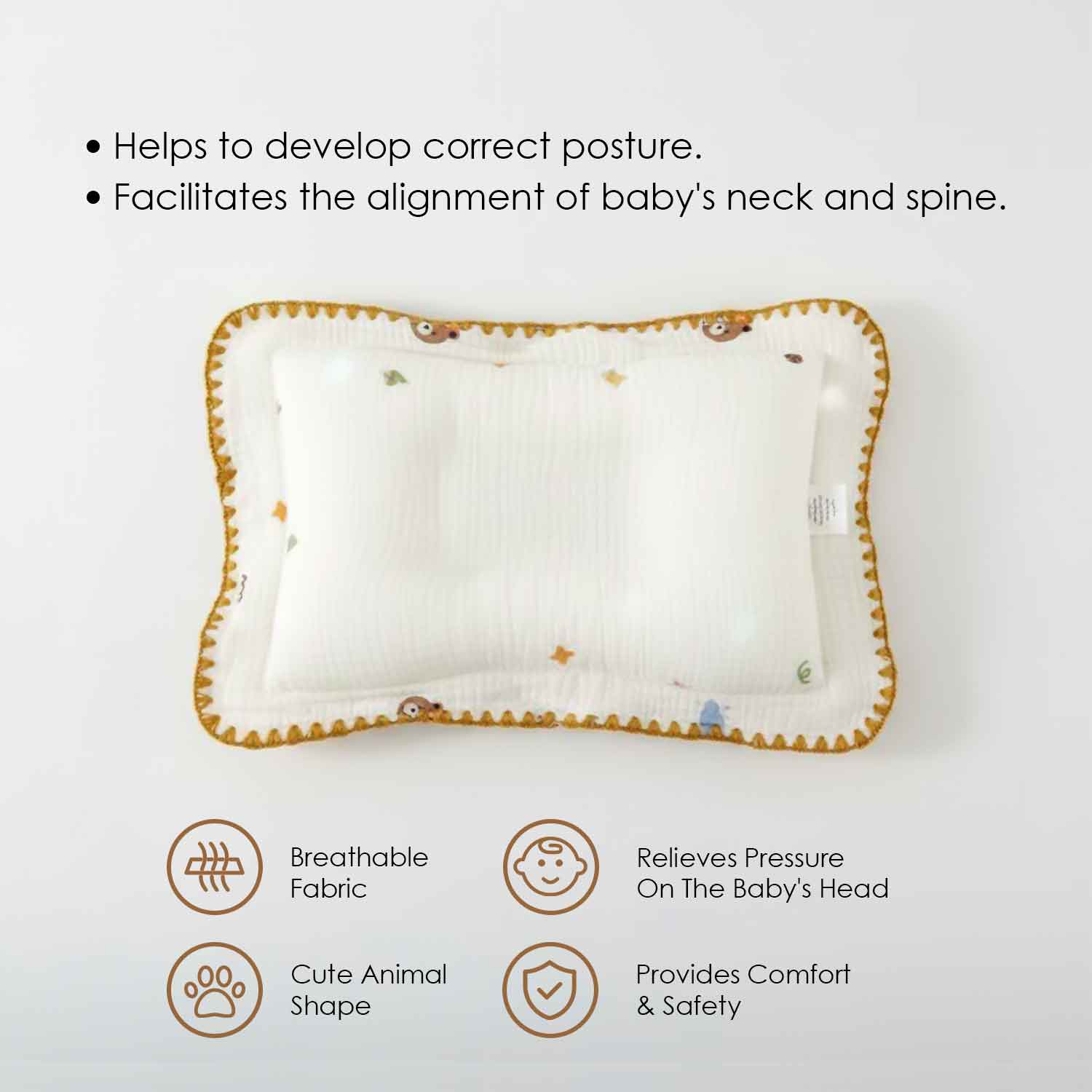 Baby Moo Rectangular Bear Print Breathable Muslin Head Shaping Neck Support Pillow - White