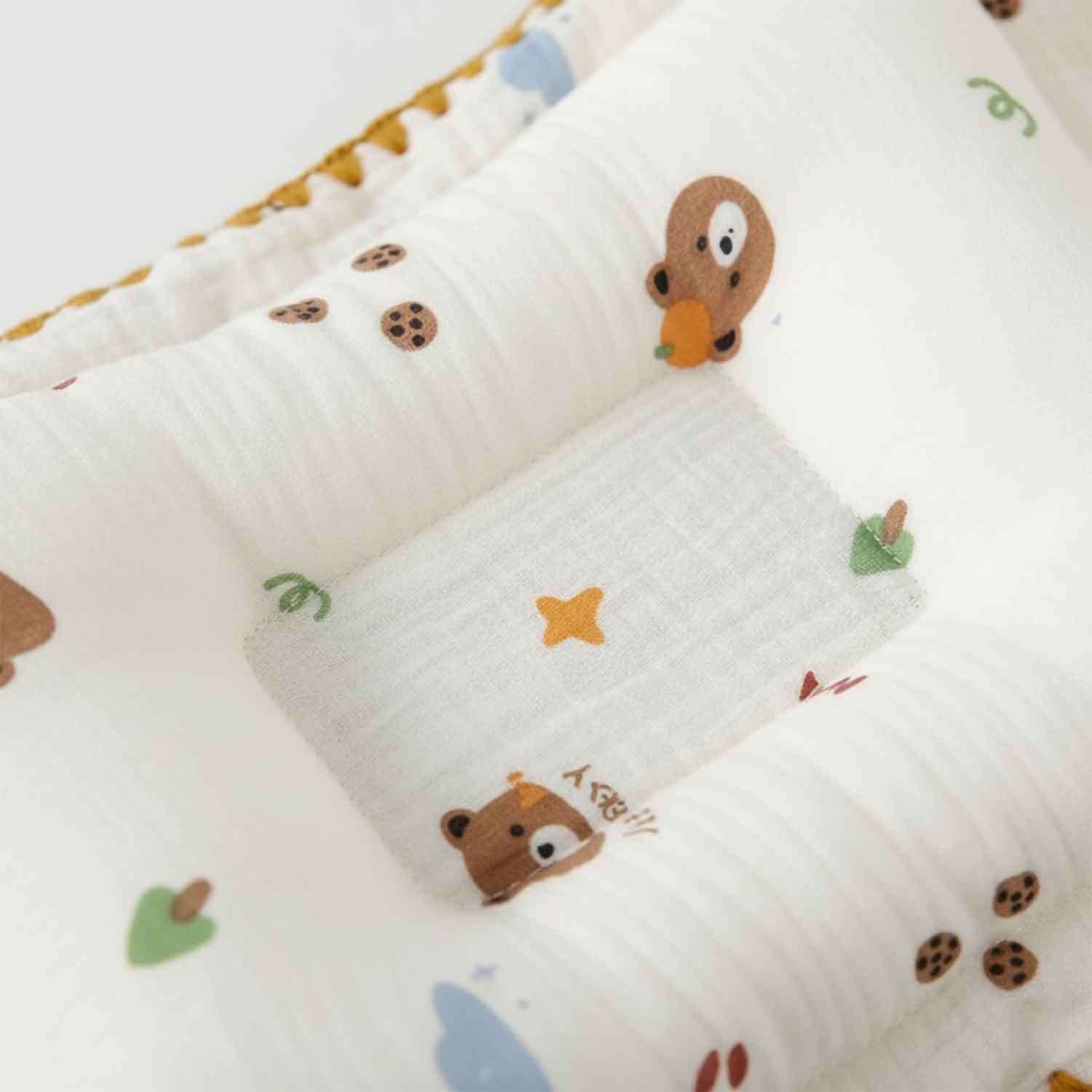 Baby Moo Rectangular Bear Print Breathable Muslin Head Shaping Neck Support Pillow - White