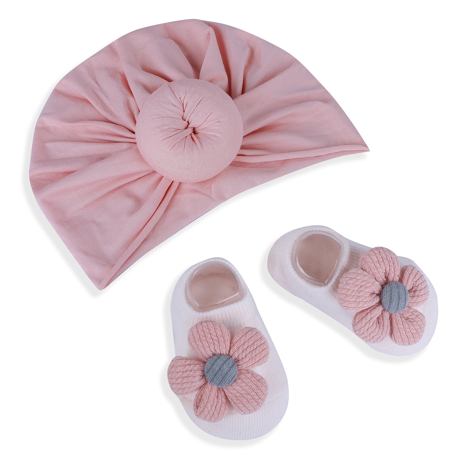 Baby Moo 3D Knot Turban Cap And Matching Floral Socks Set - Pink - Baby Moo