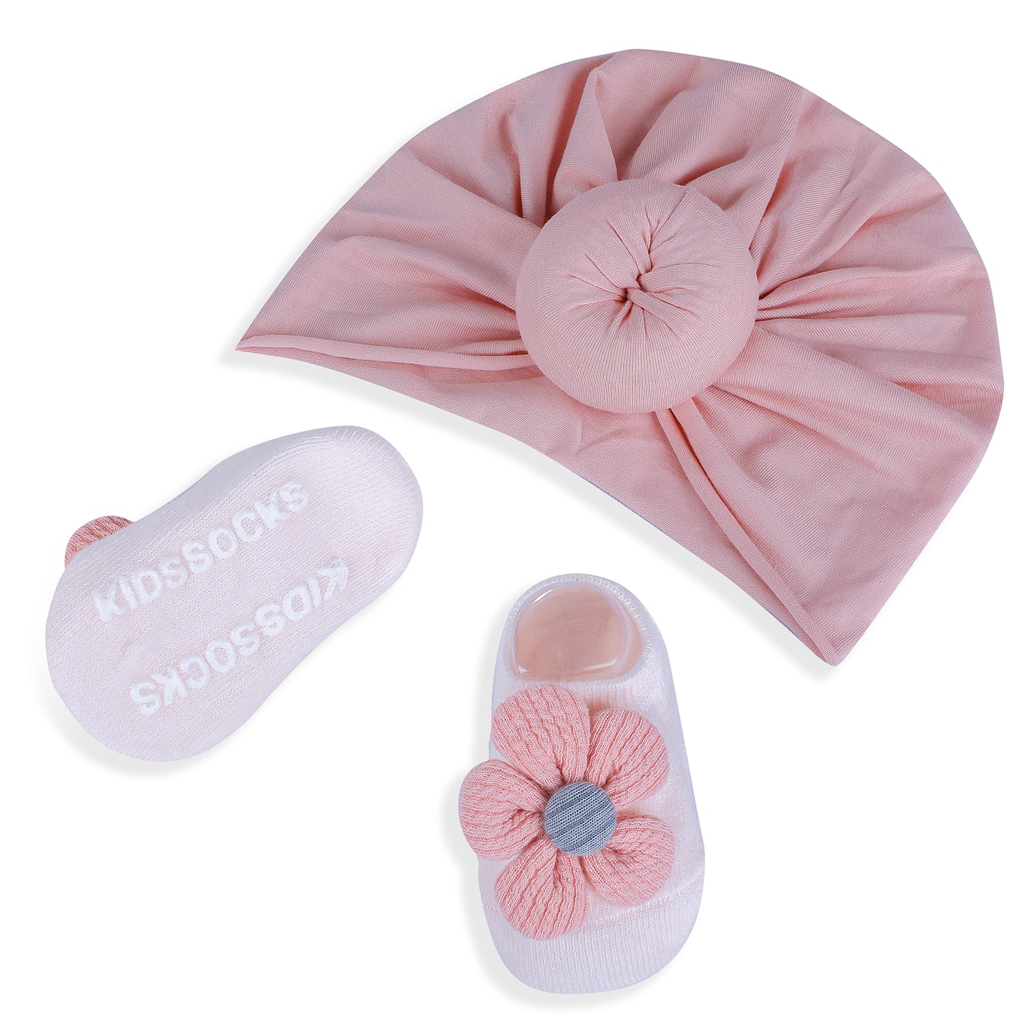 Baby Moo 3D Knot Turban Cap And Matching Floral Socks Set - Pink - Baby Moo