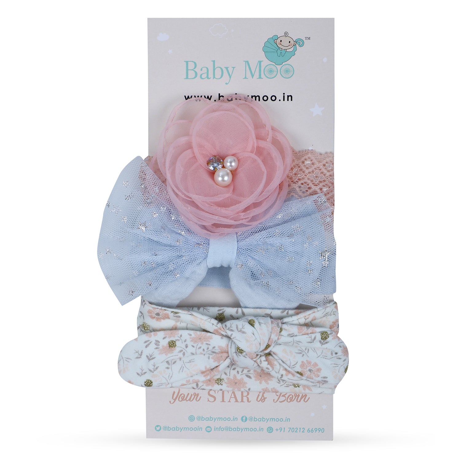 Baby Moo Emblished Flower Headband Set of 3 - Pink - Baby Moo