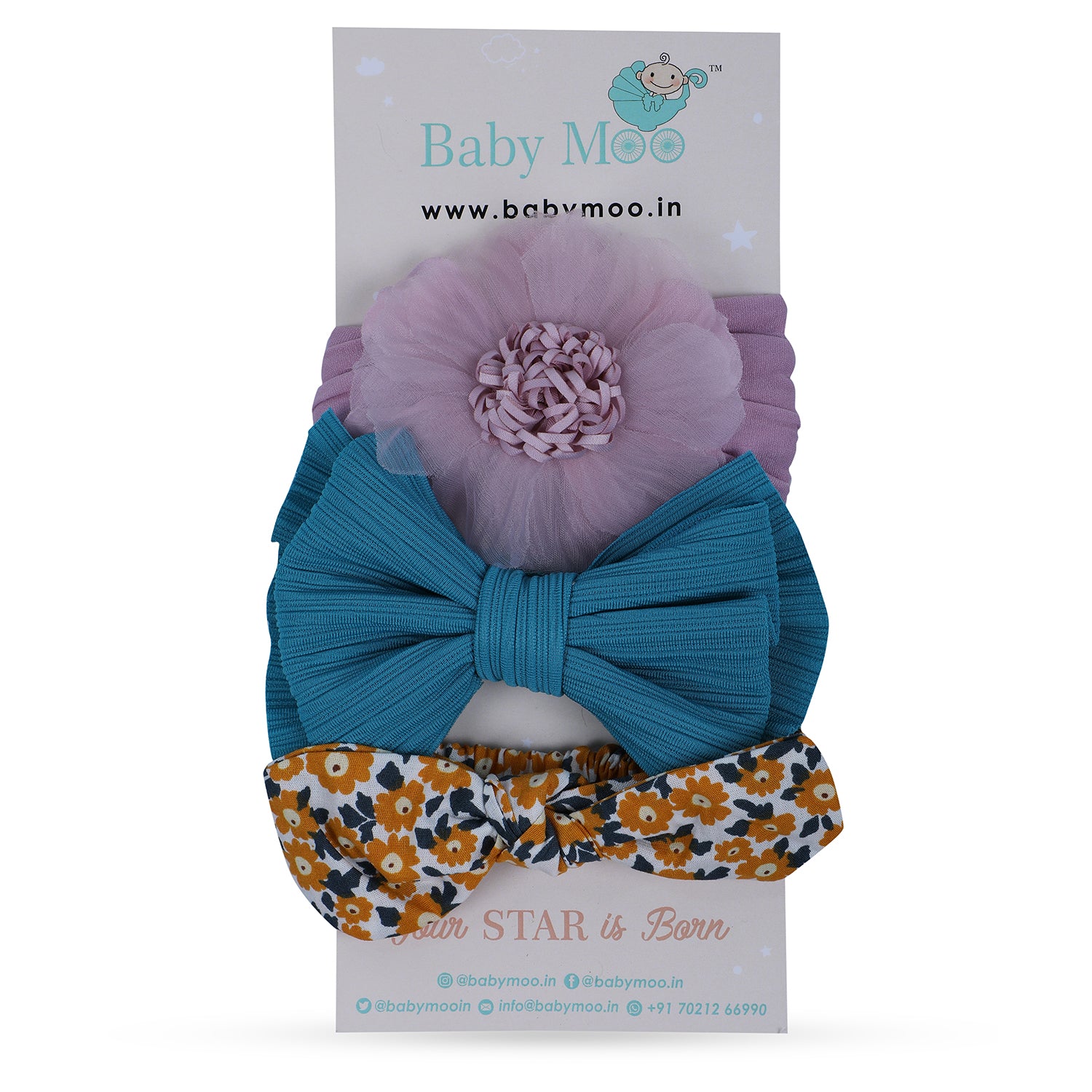 Baby Moo Floral Bow Headband Set of 3 - Multicolour - Baby Moo