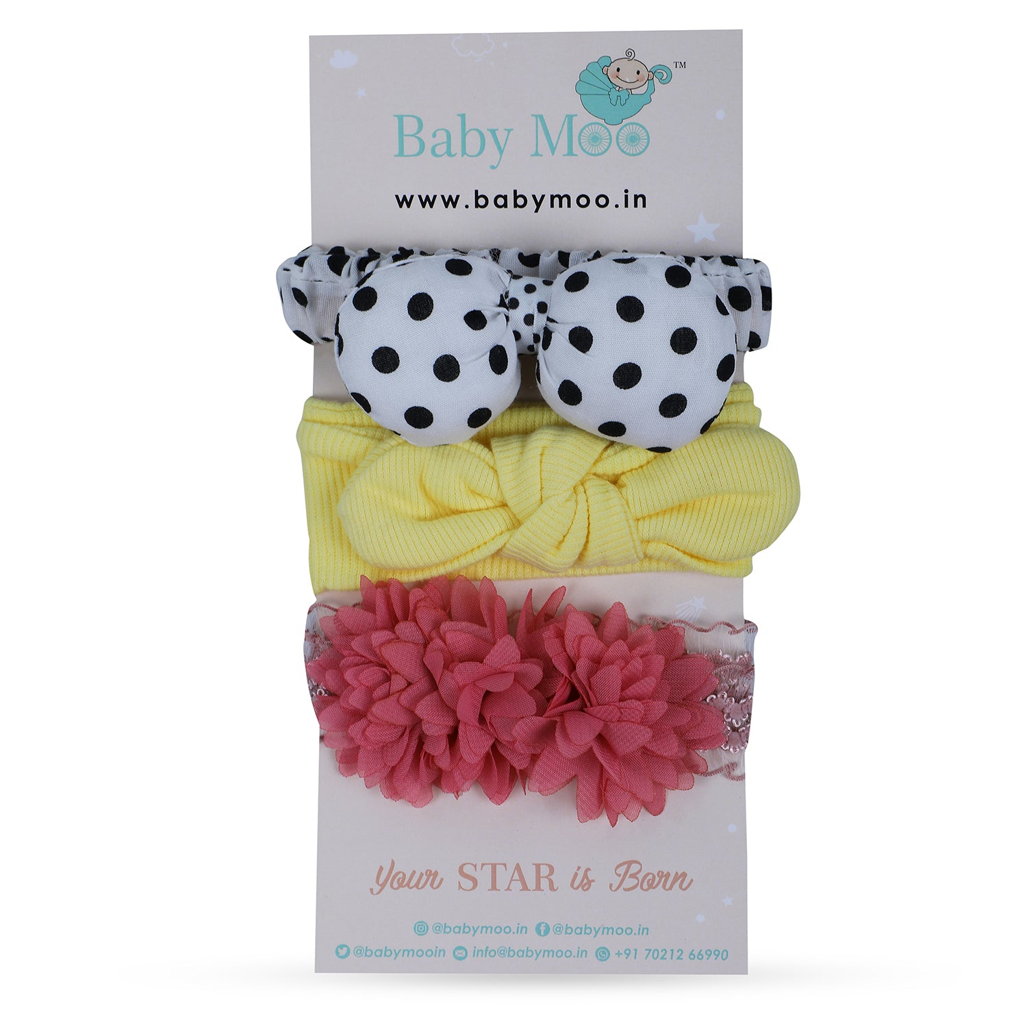 Baby Moo Floral Polka Dots Headband Set of 3 - Multicolour - Baby Moo