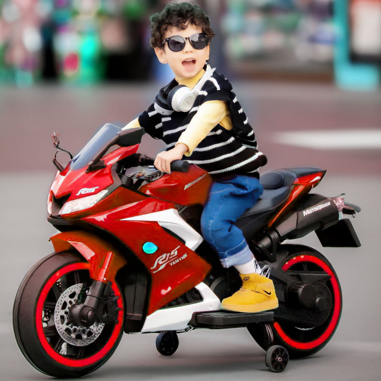 Baby Moo R15 Rechargeable 12V Battery Operated Ride On Bike for Kids with LED Lights, Music, and USB Port - Red