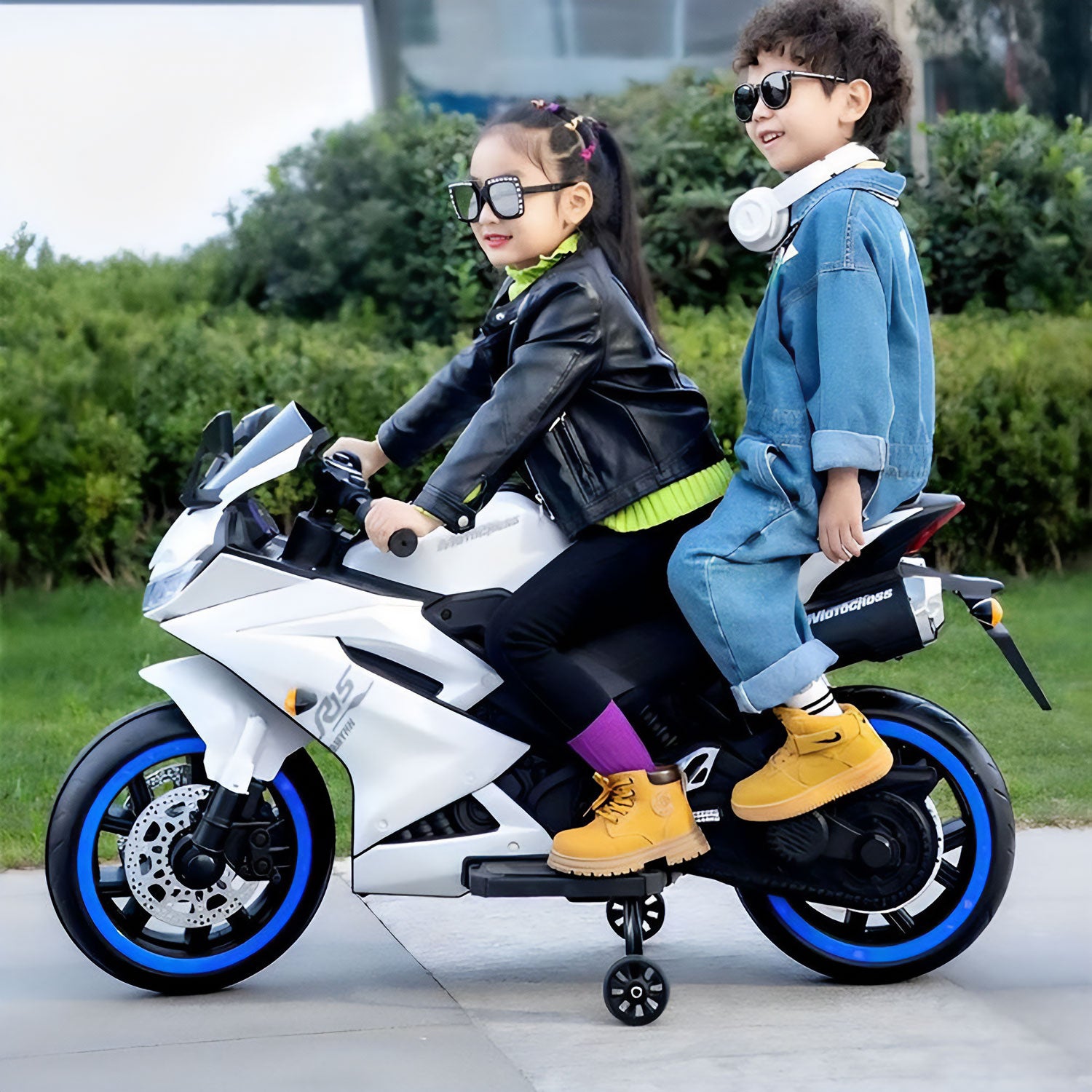 Baby Moo R15 Rechargeable 12V Battery Operated Ride On Bike for Kids with LED Lights, Music, and USB Port - White