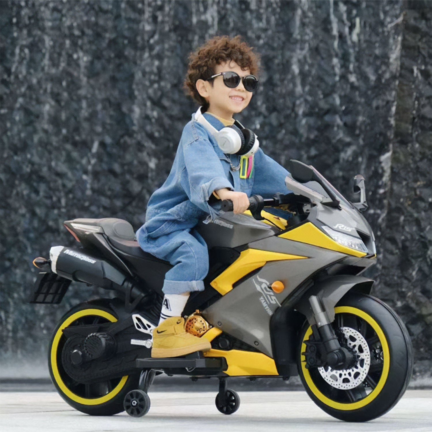 Baby Moo R15 Rechargeable 12V Battery Operated Ride On Bike for Kids with LED Lights, Music, and USB Port - Yellow