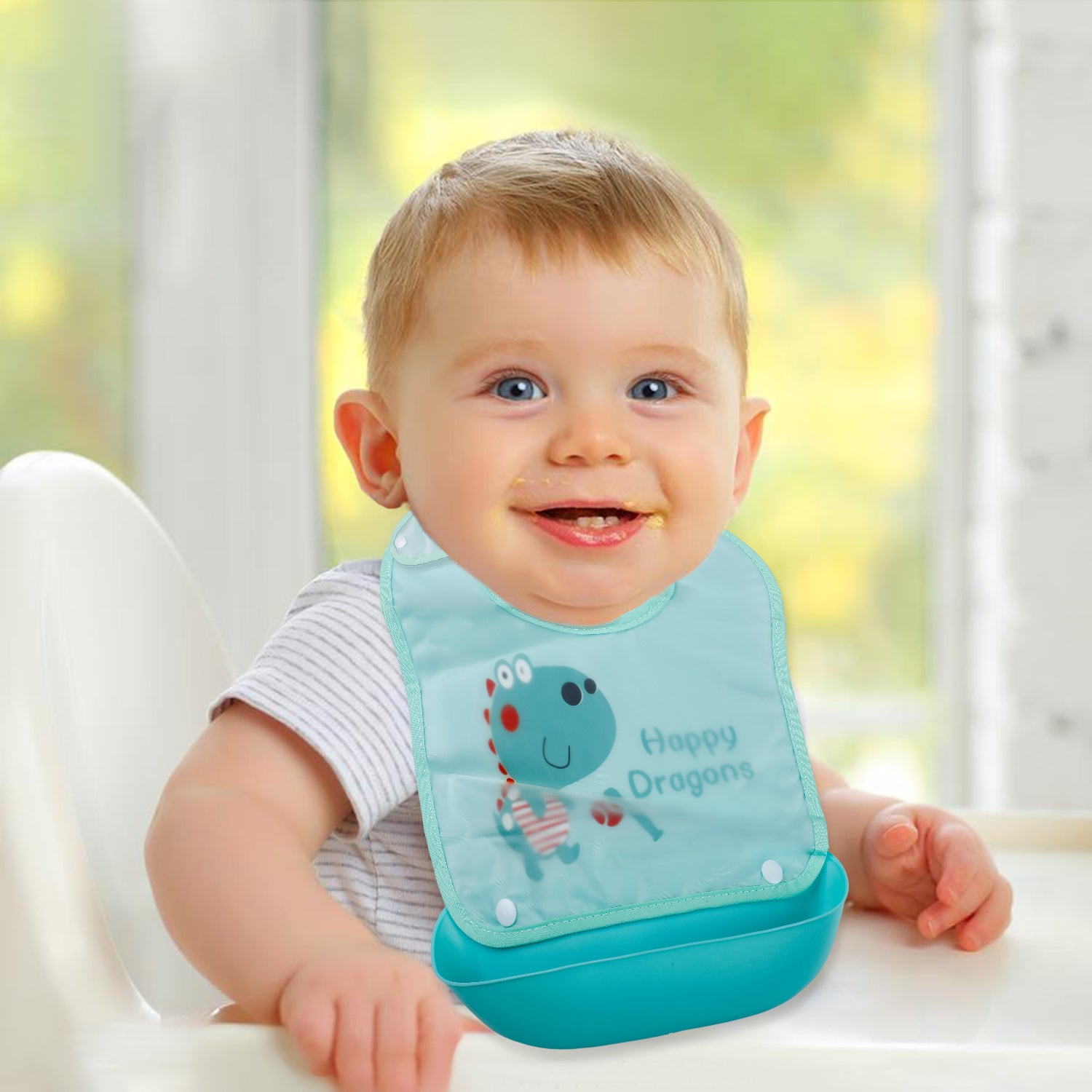 Baby Moo Happy Dragons Premium Waterproof Crumb Catcher Bibs - Turquoise