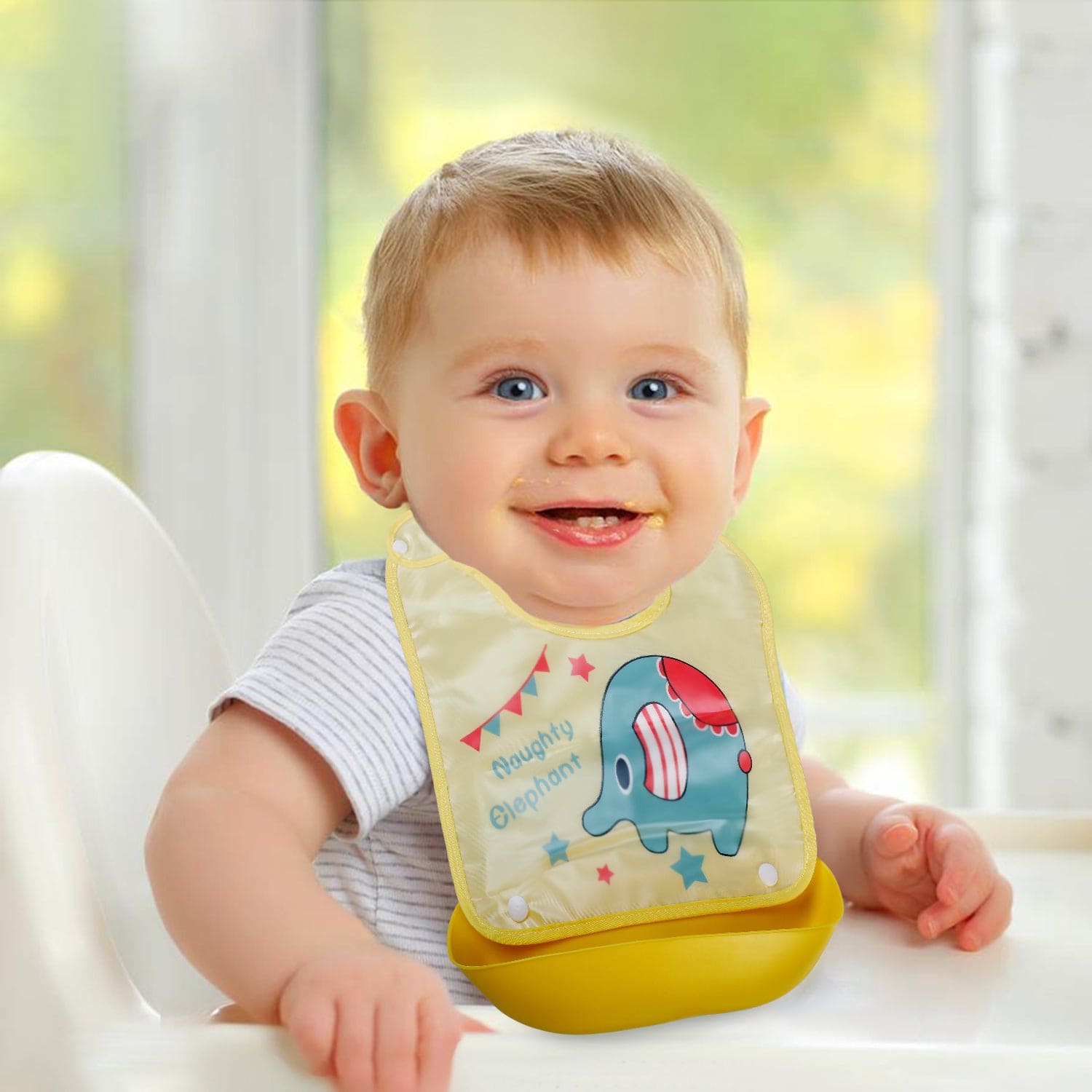Baby Moo Naughty Elephant Premium Waterproof Crumb Catcher Bibs - Yellow