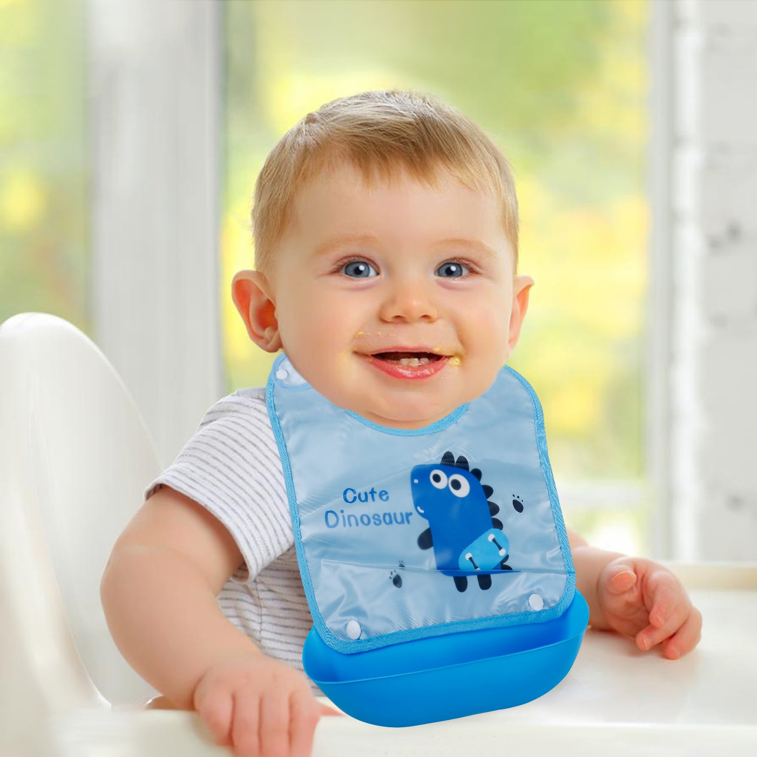 Baby Moo Cute Dinosaur Premium Waterproof Crumb Catcher Bibs - Blue