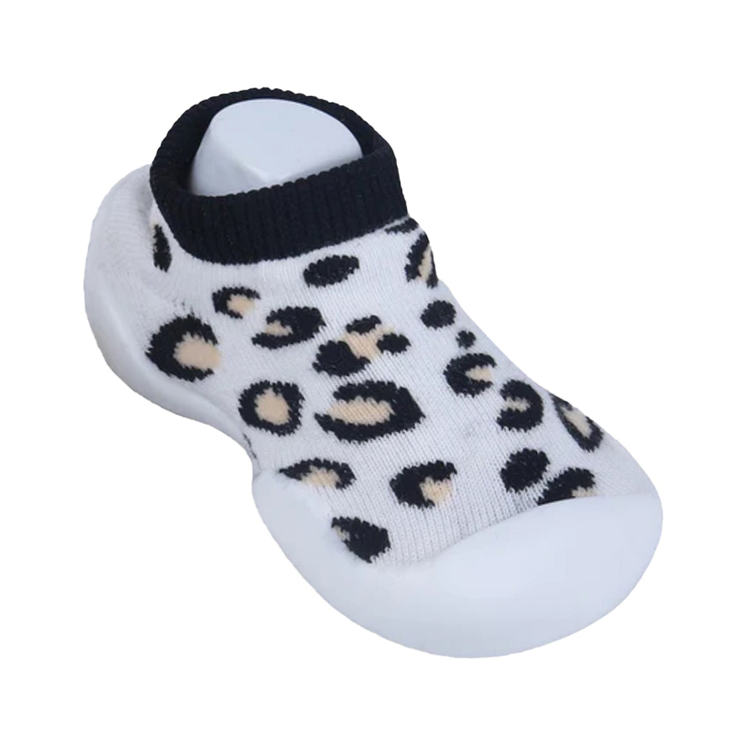 Baby Moo Leopard Print Rubber Comfortable Sole Slip-On Sock Shoes - White