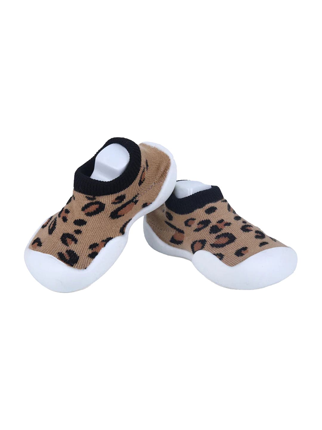 Baby Moo Leopard Print Rubber Comfortable Sole Slip-On Sock Shoes - Brown