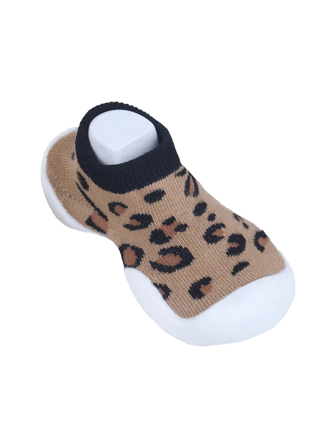 Baby Moo Leopard Print Rubber Comfortable Sole Slip-On Sock Shoes - Brown