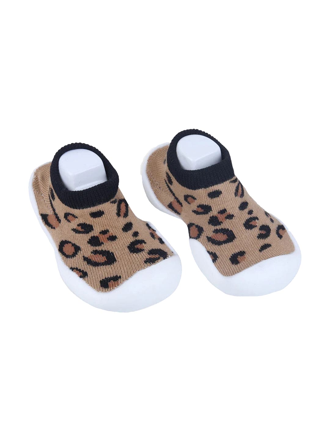 Baby Moo Leopard Print Rubber Comfortable Sole Slip-On Sock Shoes - Brown
