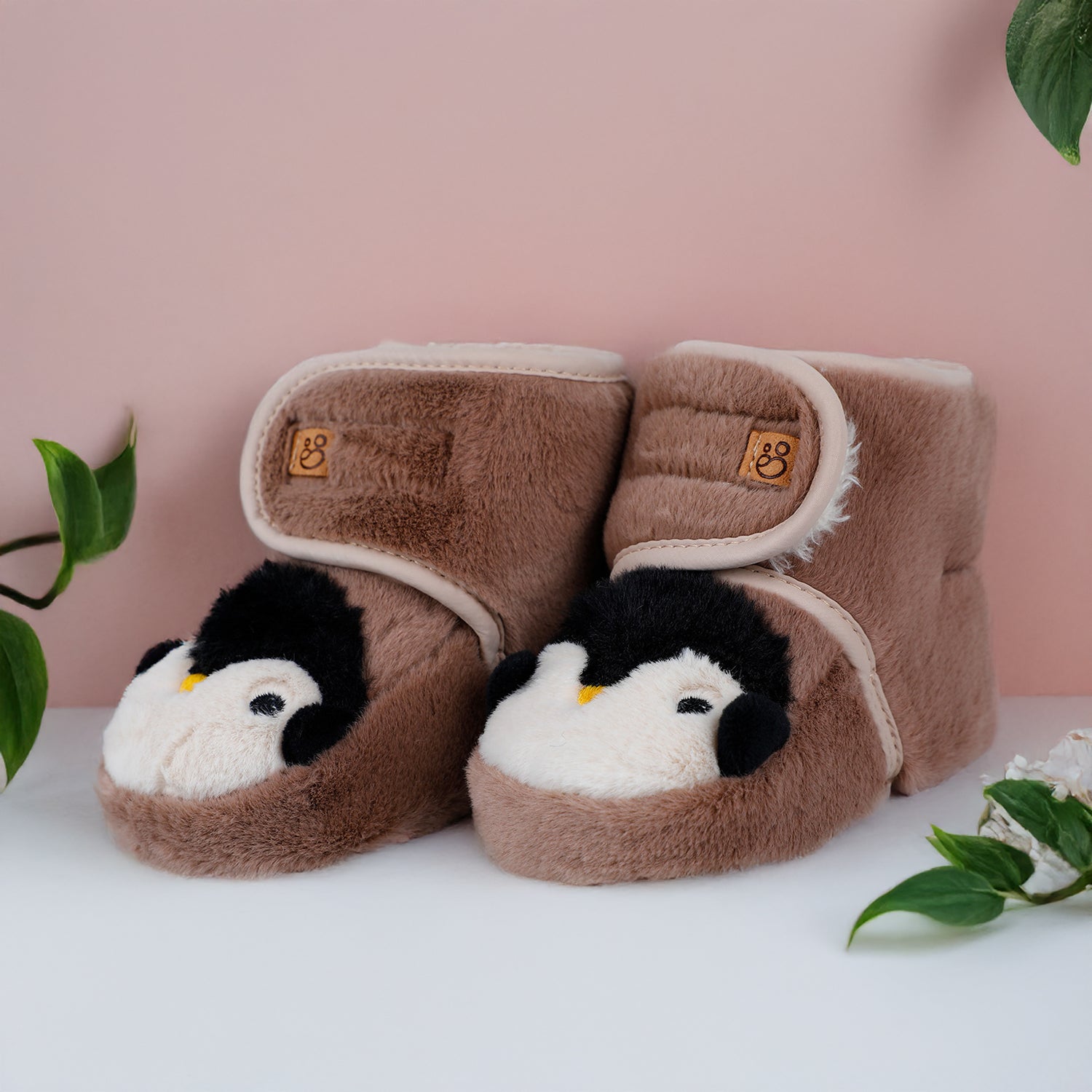 Baby Moo Penguin Warm Veclro Strap Fur Booties - Brown