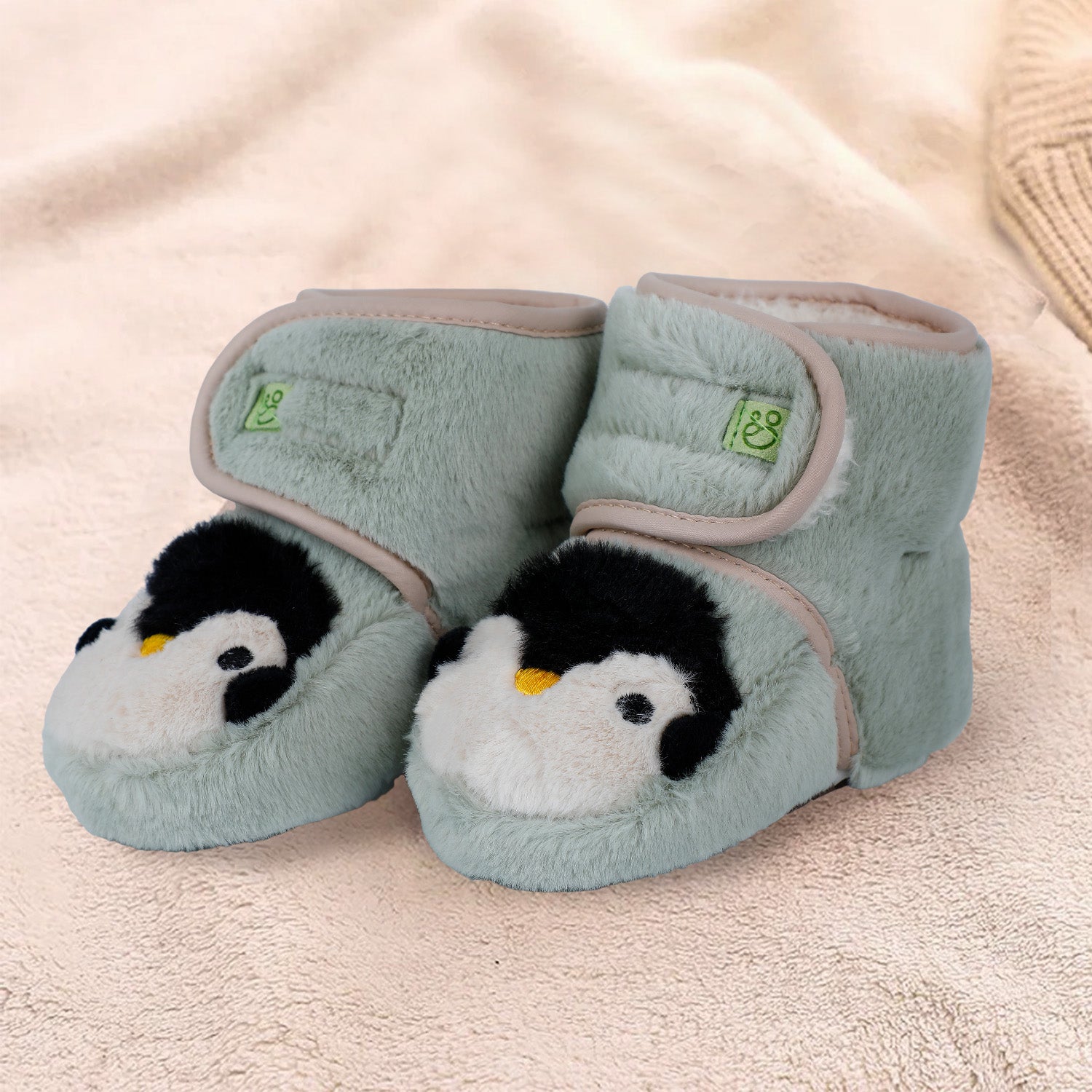 Baby Moo Penguin Warm Veclro Strap Fur Booties - Green - Baby Moo